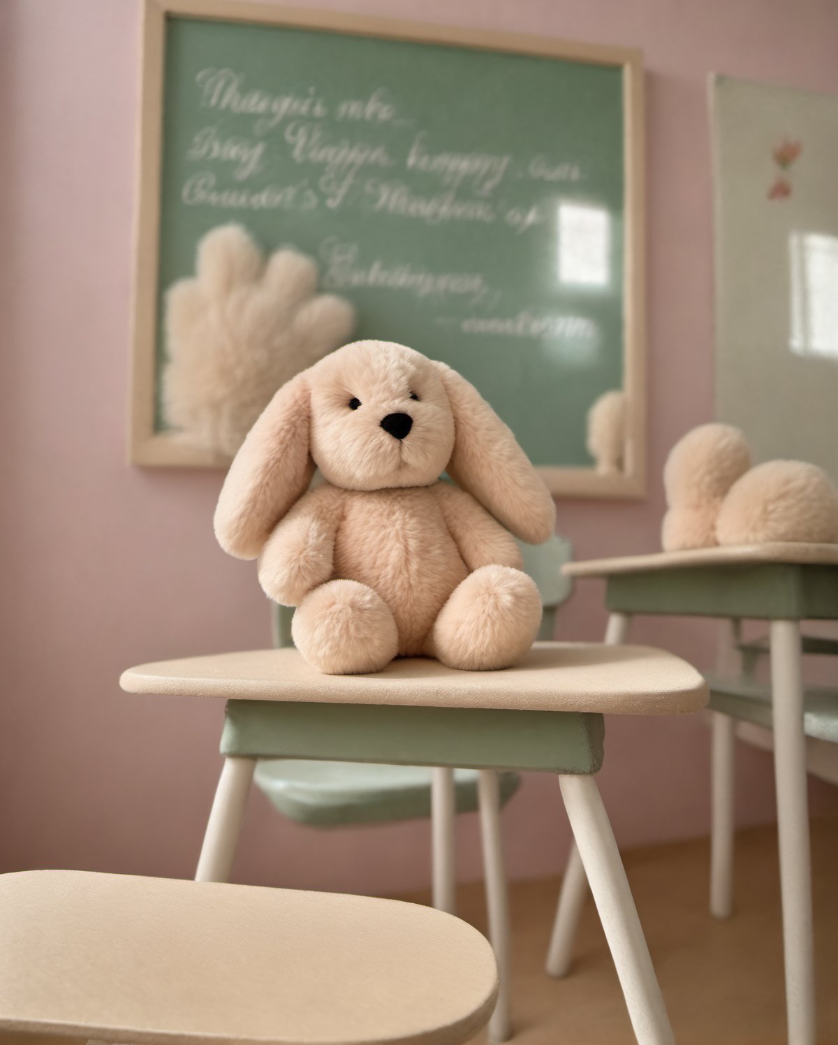 <lora:BON_LR-000007:0.6>A soft (biscuit beige:1.1) plush toy bunny,( Bubbles Bunny:1.4), is seated on a small purple chair at a desk,( facing a vintage green-black chalkboard in a brightly lit classroom:1.1). The bunny has smooth, fluffy fur, with rounded, (floppy ears:1.3) that gently hang by its sides and a( black nose:1.2) . The fur reflects the softness of the toy, and its neutral beige color contrasts subtly against the( classroom’s pastel-themed walls, which are painted in light pinks and teals:1.3) Bubbles Bunny is seated upright, with its small paws resting on the desk, showing a calm, attentive posture. The classroom is bathed in natural sunlight streaming through large arched windows, casting soft, golden shadows on the floor. The lighting is warm and diffused, highlighting the textures of Bubbles Bunny’s fur, the clean lines of the desks and chairs, and the vintage charm of the blackboard. Every detail of the classroom, from the gentle reflection of light on the bunny’s fur to the pastel tones of the room, evokes a serene, nostalgic school atmosphere. 