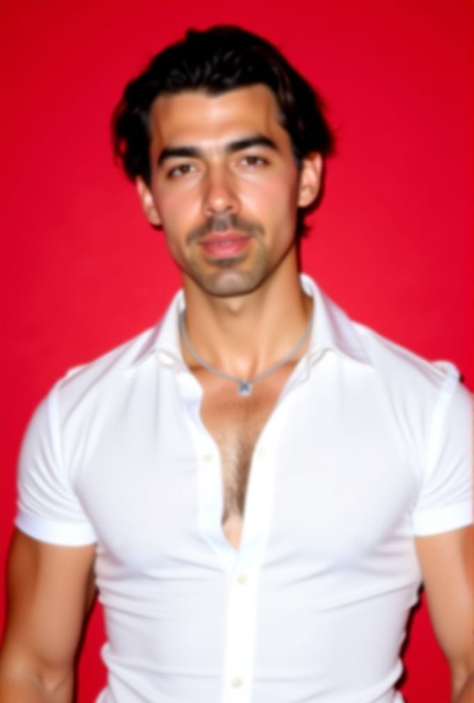 Joe Jonas ,  The image is a high-resolution photograph,  standing against a solid red background. wavy hair styled to the...