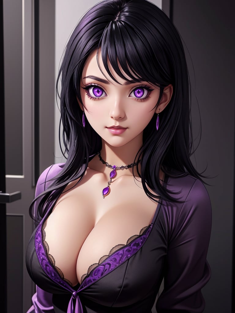 sexy sultry black hair purple eyes cleavage l00nelv1a looking at viewer, masterpiece, best quality, high quality, detailed background, <lora:Sexy_Black_Hair_Purple_Eyed_Succubus_-_Generic_Character:0.5>, <lora:image enhancer soft_v1:1.0>, <lora:SDXLrender_v2.0:0.6>