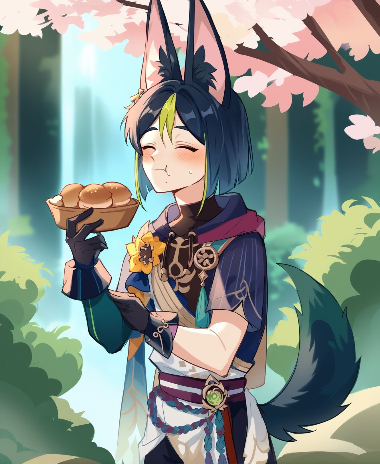 score_9, score_8_up, score_7_up, score_6_up, score_5_up, source_anime, show accurate, rating_safe, vector, 1boy, male_focus, tighnari, animal ears, dog tail, bob cut, blush, genshin impact, forest background, waterfall, colorful, eating bread<lora:tighnariXL-fine:0.8> <lora:Smooth Anime 2 Style SDXL_LoRA_Pony Diffusion V6 XL:1>