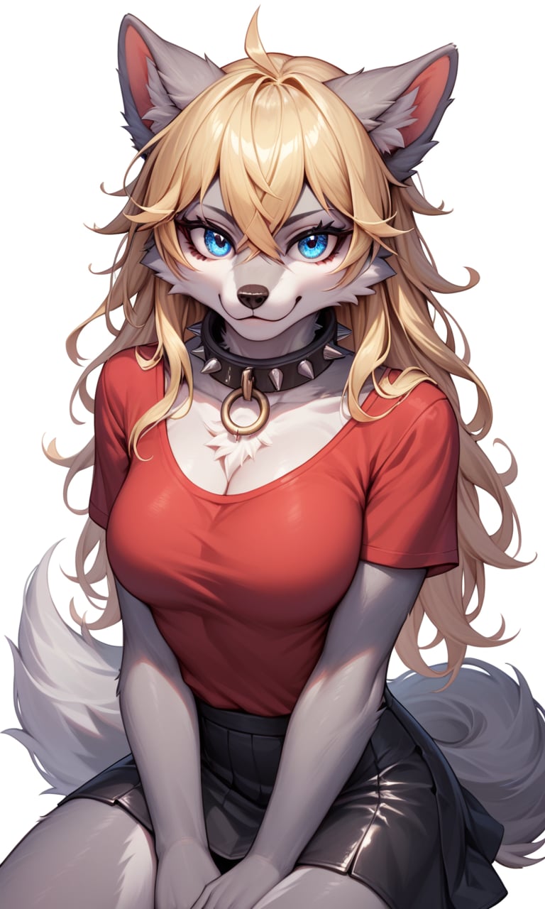 score_9, score_8_up, score_7_up, score_6_up, score_5_up, score_4_up, source_furry,BREAK,detailed face eyes and fur, wolf furry girl,blonde,long hair,looking at viewer,crossed bangs,blue eyes,high detail eyes, (red shirt)1.2,black skirt,(high detail grey fur)1.2,punk collar, fur paws, white background