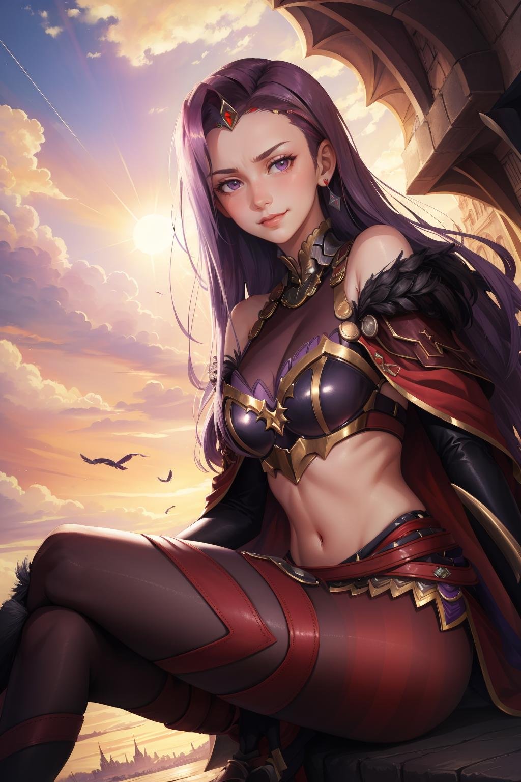 masterpiece, best quality, respSonya, circlet, black cape, feather trim, cleavage, bare shoulders, midriff, purple pantyhose, sitting, looking at viewer, smirk, furrowed brow, medieval architecture, from below <lora:sonya-nvwls-v1-000012:0.9>