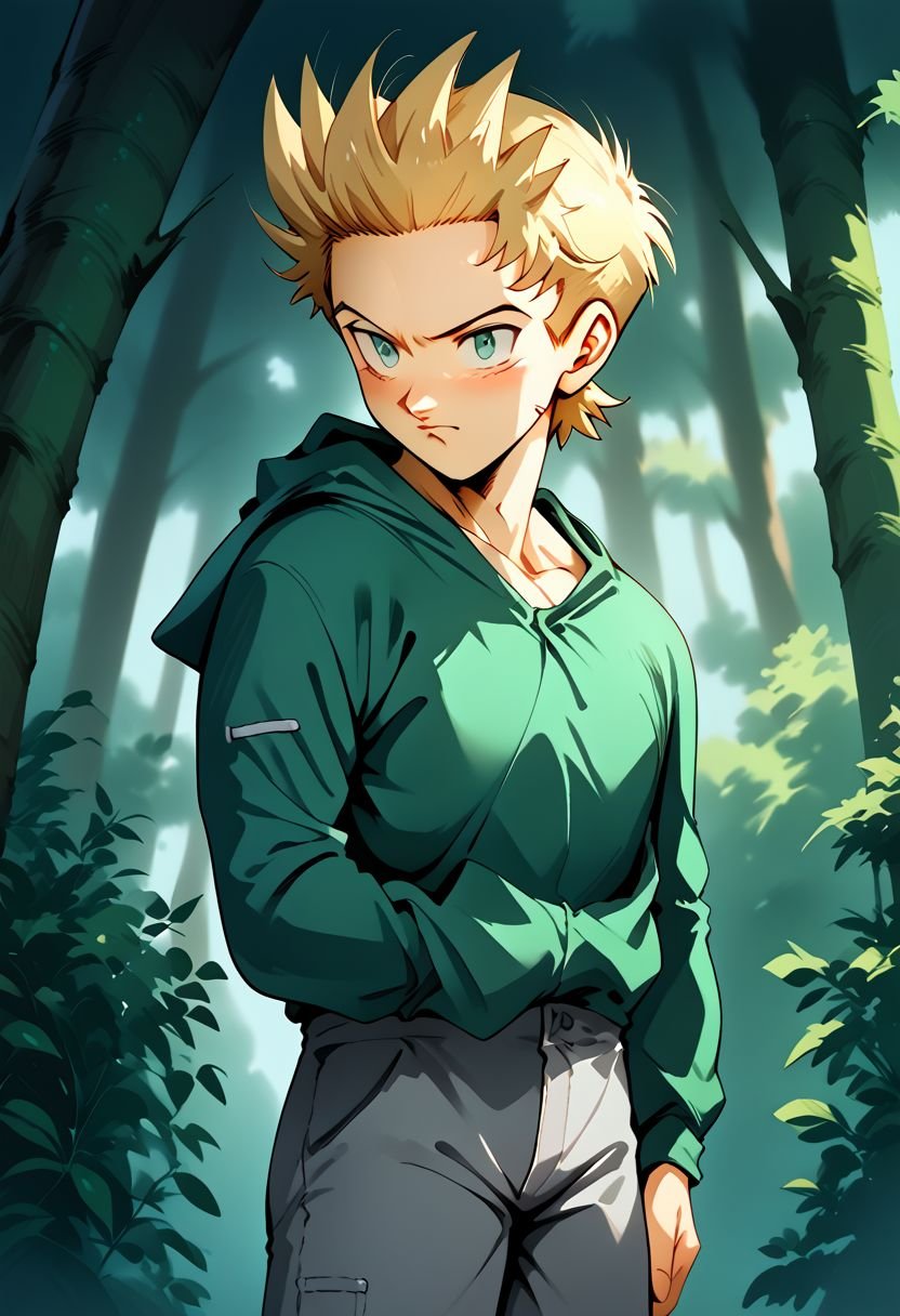 (Full color:1.0),(score_9, score_8_up, score_7_up:0.8),source_anime, (xsiestx,manga:1.2) , portrait, beautifull colors, boy in forest, blonde, green sweatshirt, gray pants, black boots