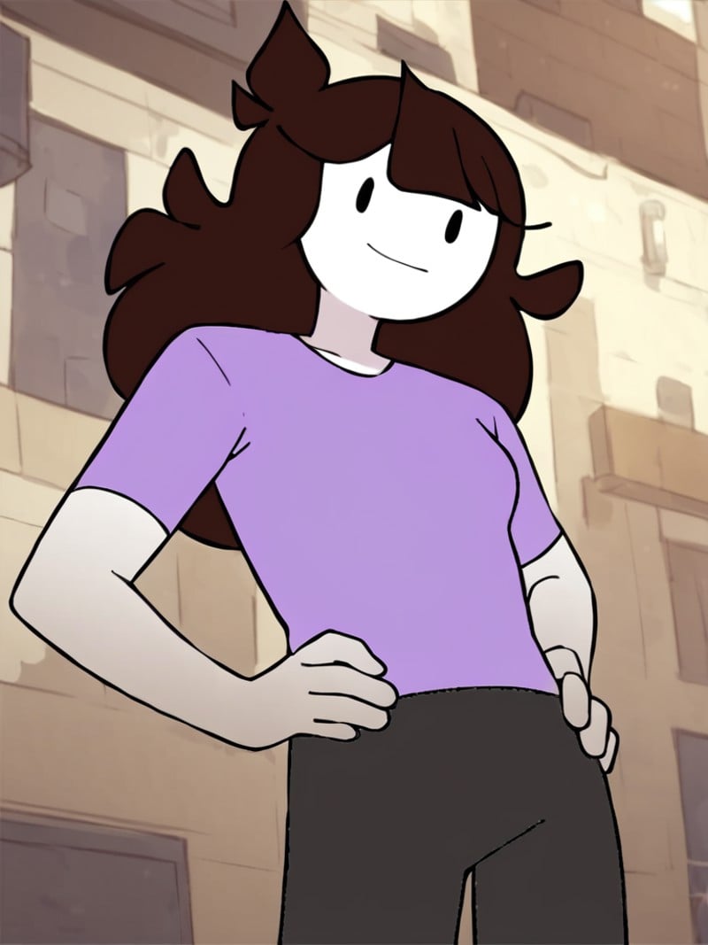 <lora:JaidenPony1.0:1> jaiden, 1girl, purple shirt, long hair, solo, brown hair, flat color, short sleeves, white skin, grey pants, black eyes,looking at viewer, hand on own hip, outside,, score_9, score_8_up, score_7_up, score_6_up