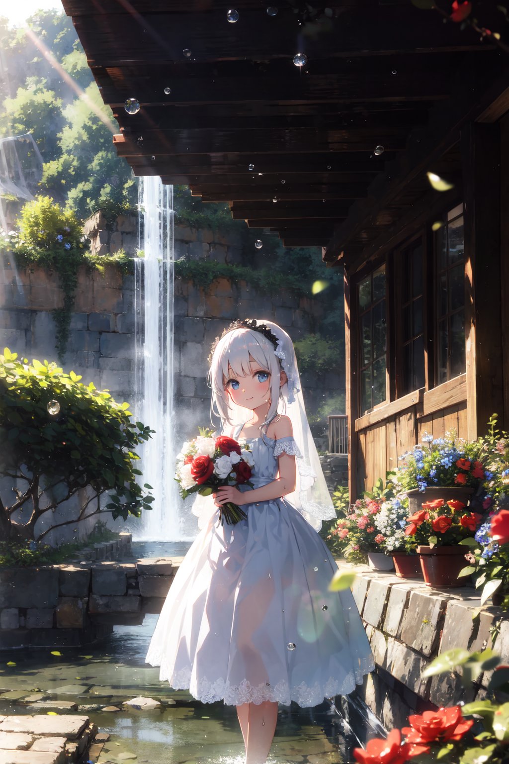 masterpiece,best quality,(ray tracing,cinematic lighting),sunlight, 1girl, (loli),(child),bare shoulders, white hair, veil, blue eyes, very long hair, (:3, ), bouquet, day, dress, flower, holding, holding bouquet, lake, looking at viewer, nature, outdoors, red flower, rose, solo, standing, tree, water, water drop, waterfall, wetsky, cloudy sky, building,