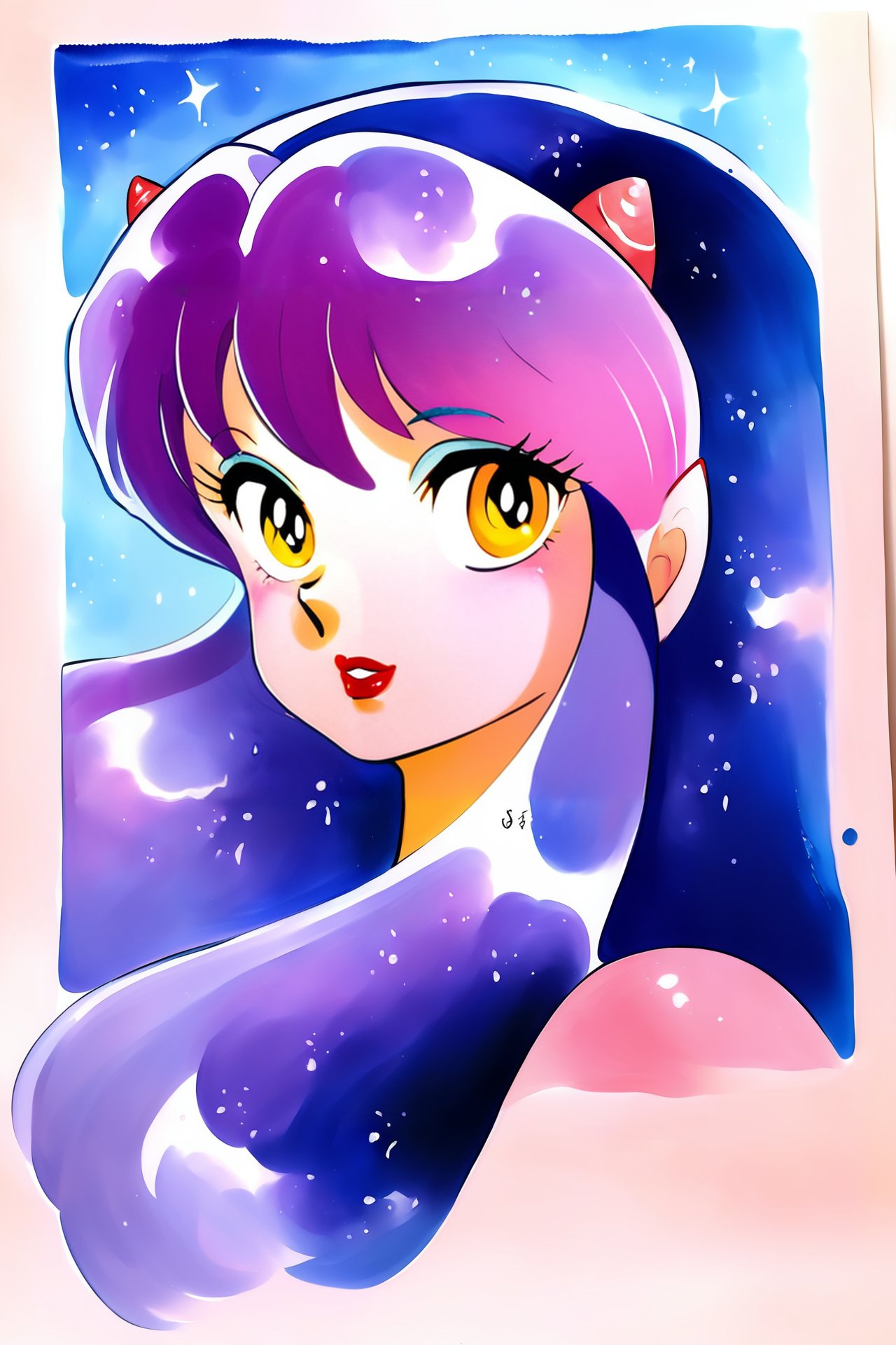 in ru_ta artstyle, 1girl, lum, solo, horns, long hair, yellow eyes, portrait, multicolored hair, traditional media, makeup, purple hair, watercolour, <lora:Rumiko_Takahashi_Style_LoRA_PonySDXL:1>