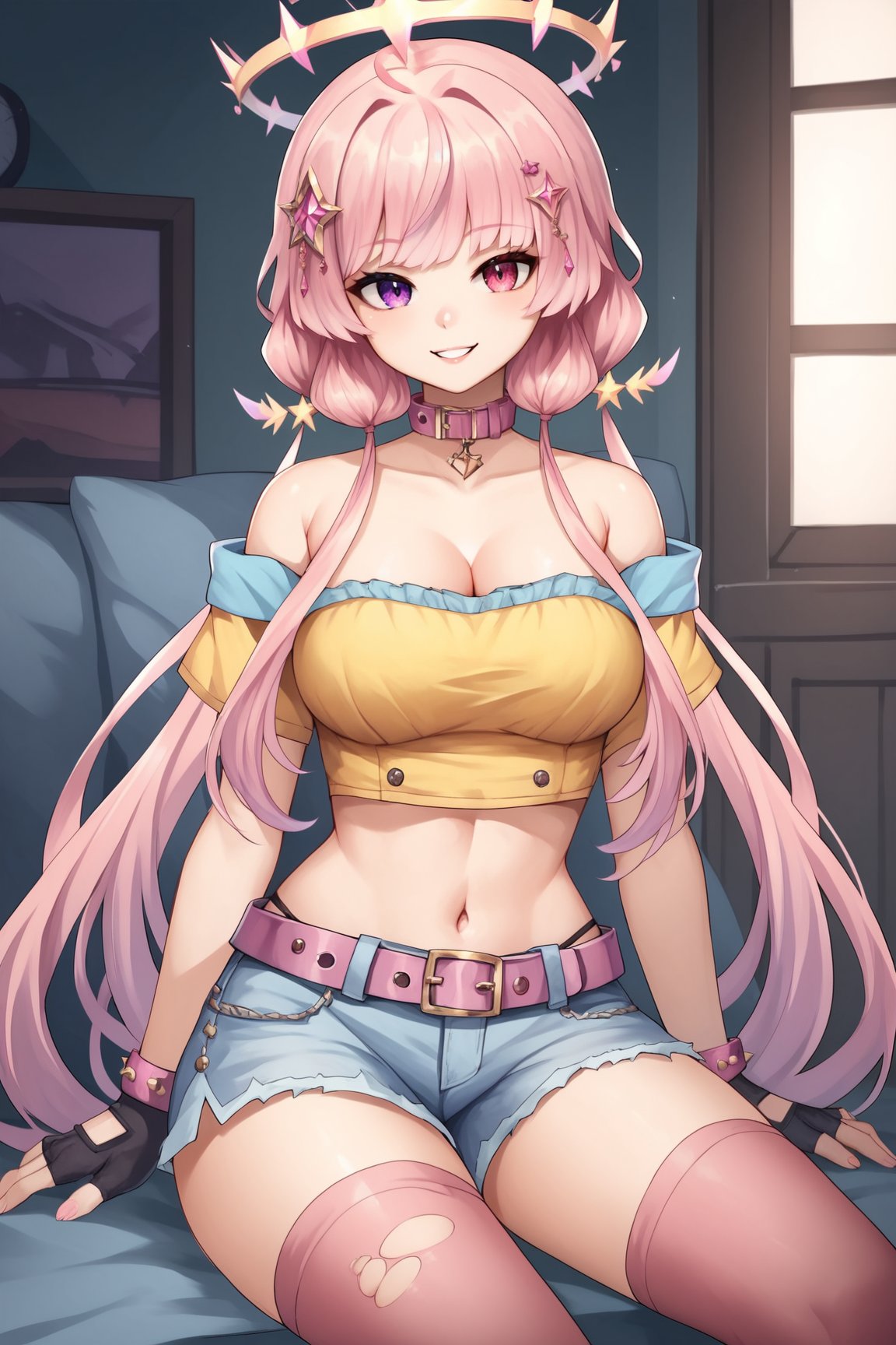 score_9, score_8_up, score_7_up, score_6_up, score_5_up, score_4_up, EssieVTXL, (pink eye, purple eye), heterochromia, pink hair, sidelocks, long hair, hair ornament, collar, yellow spiked halo, yellow crop top, short sleeves, bare shoulders, short, belt, pink thighhigh, pink fingerless gloves, sitting, seductive smile, looking at viewer, room <lora:EssieVTXL:0.8>