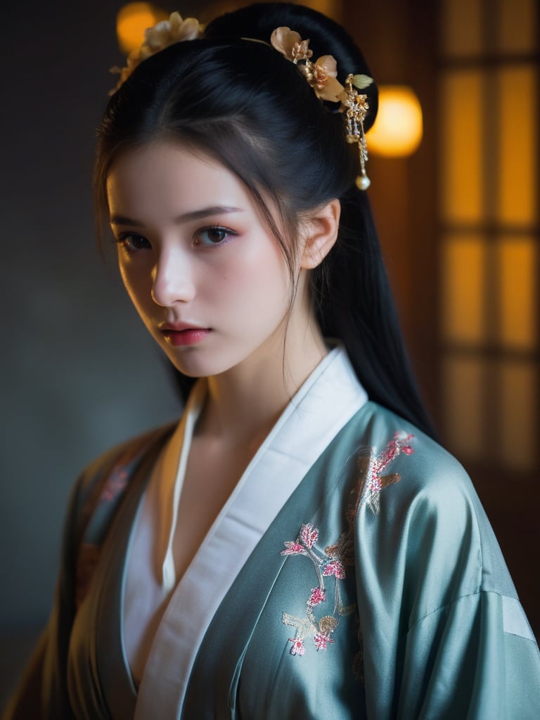 (a 18 y.o french pretty modeling in hanfu),(sutocking beautiful,cure lovely,shy,implicit,perseverance),soft lighting,high resolution,professional grade,RAW photography,evocative composition,Cinematic Lighting,moody lighting,(freckles:0.7),sexy,perfect eyes,depth of field,