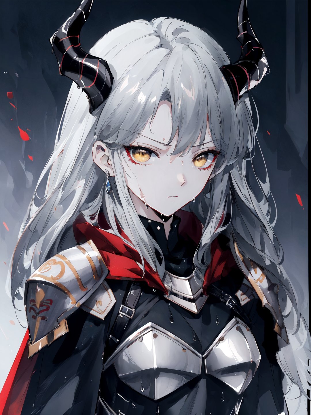 extremely detailed CG unity 8k wallpaper,(masterpiece),best quality,illustration,(1 girl),wet skin,expressionless,yellow eyes,(anger),horns,(silver armor),metal,complex pattern,corner,cape,indifference,3D graphics,