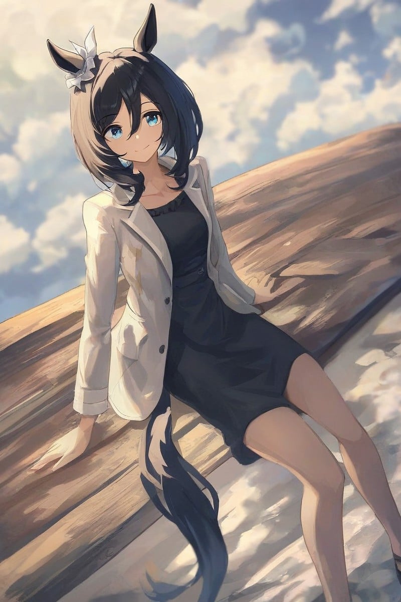 score_9,score_8_up,score_7_up,anime style,rating_safe,masterpiece,eishin_flash \(umamusume\), 1girl, horse ears,  black dress, looking at viewer, white jacket, closed mouth, long sleeves, hair between eyes, medium hair, smile, casual,sitting,cloudy sky,blurry foreground,<lora:pony_eishin_flash_V1.15:0.7>