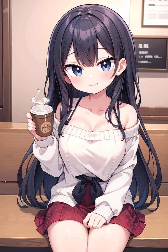 insanely detailed, absurdres, ultra-highres, ultra-detailed, best quality,1girl, solo, nice hands, perfect hands,BREAKwearing sweater, off shoulder sweater, one piece sweater, sweater with long sleeves, bare shoulder, collarbone, red skirtBREAKhappy smile, laugh, closed mouth,sitting, holding coffee cup,from below, cowboy shot, looking at viewerBREAKslender, kawaii, perfect symmetrical face, ultra cute girl, ultra cute face, ultra detailed eyes, ultra detailed hair, ultra cute, ultra beautiful,BREAKindoors, in coffee shopBREAKlarge breasts, black hair, long hair, black eyes