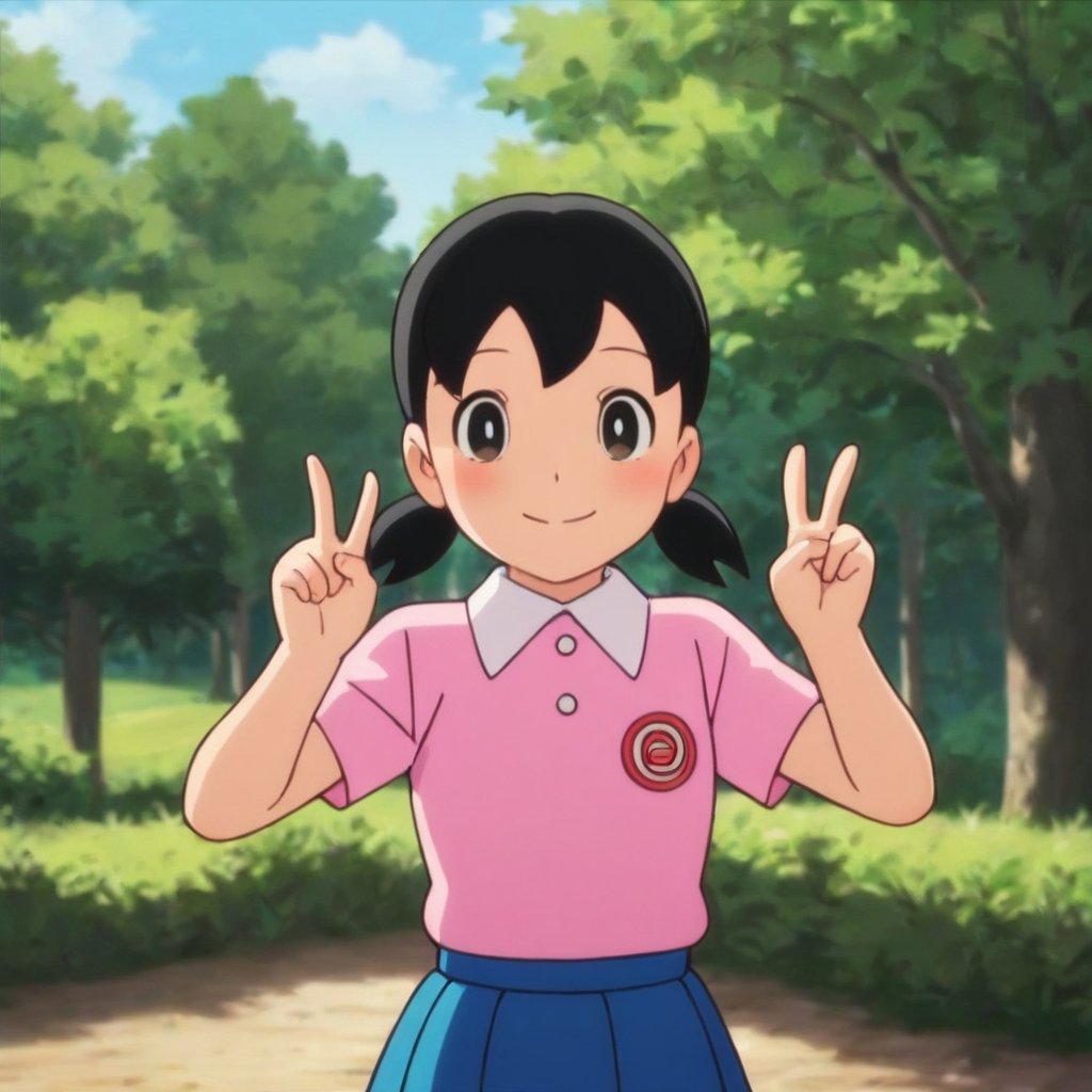 score_9, score_8_up, score_7_up, score_6_up, score_5_up, score_4_up, source_anime,minamoto shizuka,1girl, solo,1girl, solo, v, twintails, black hair, skirt, double v, smile, outdoors, shirt, blue skirt, looking at viewer, black eyes, pleated skirt, short sleeves, pink shirt, blush, closed mouth, day, tree, collared shirt, short twintails, low twintails, upper body, grass,masterpiece, perfect face, best quality, beautiful girl, cute girl, beautiful eyes, shiny eyes, anime coloring, anime screencap, absurdres, outdoors,<lora:minamoto shizuka pony 906 1:0.8>