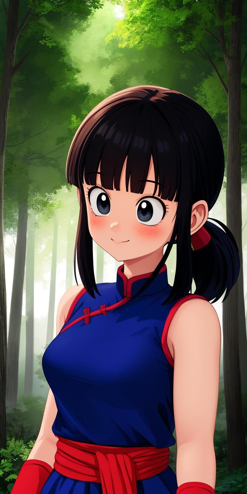 chichi, 1girl, solo, black eyes, black hair, blunt bangs, ponytail, sidelocks,china dress, blue dress, sleeveless, red sash, wristband, bare shoulders, smile,closed mouth,cowboy shot,forest,outdoor,(insanely detailed, beautiful detailed face, masterpiece, best quality) cinematic lighting,<lora:DB_ChiChi_v2:1>, <lora:more_details:0.3>,