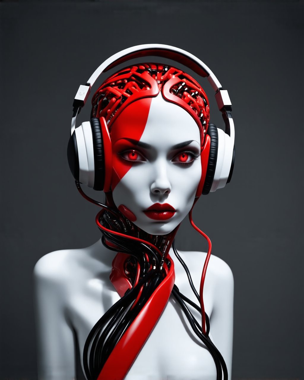 TESTA red and white cyborg with headphones, made of wires and plastic parts in the style of Tami Bone. The design is inspired by postmodern art styles, fashion photography, with detailed character expressions, using a 35mm lens, with hyper-realistic details, intricate costumes, and detailed facial features, bold colors, and a maximalist aesthetic