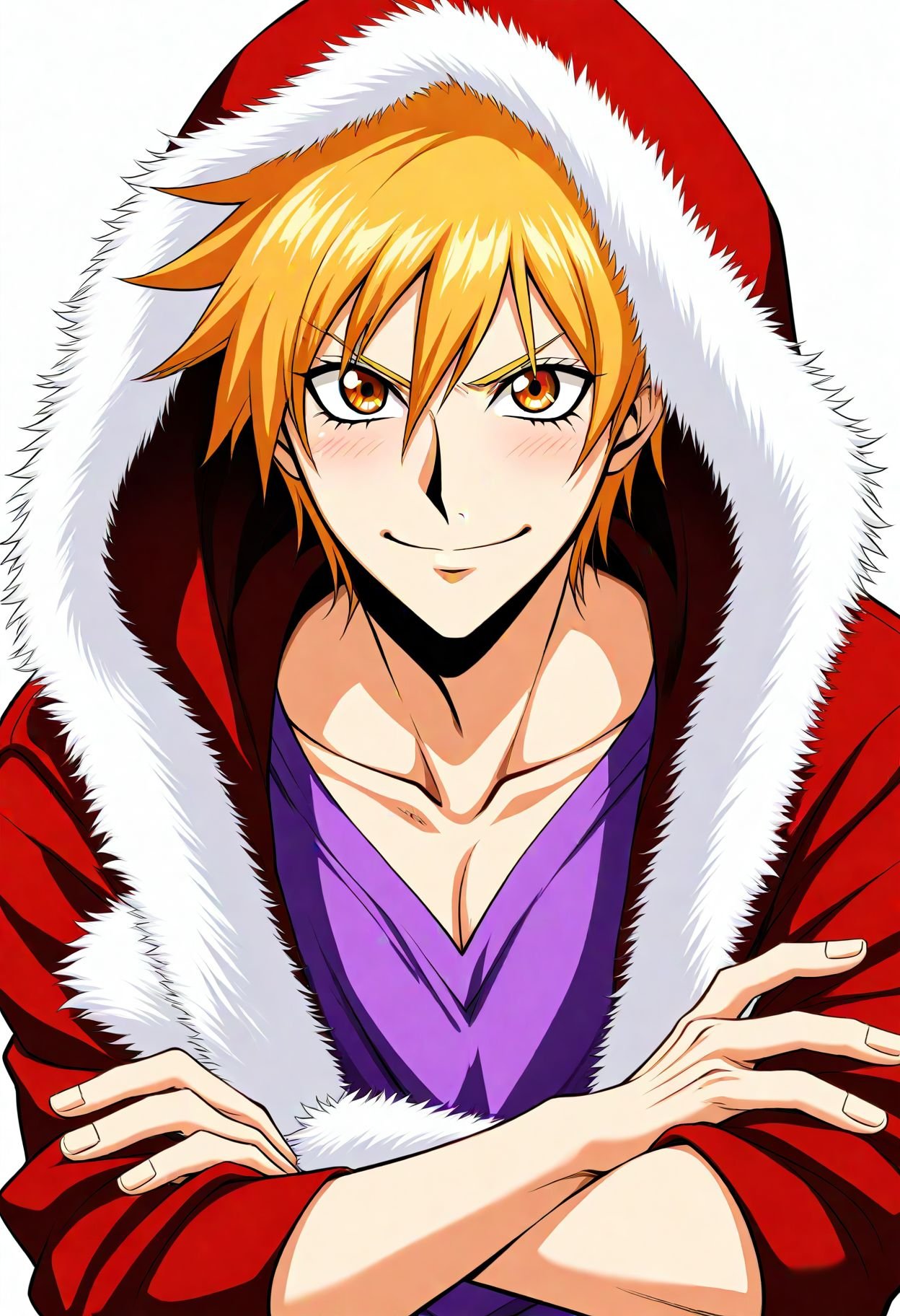 1boy, male focus, kurosaki kazui, bleach,  one-hour drawing challenge, long sleeves, open clothes, fur trim, blonde hair, coat, looking at viewer, spiked hair, solo, light blush, hooded jacket, purple tunic, military jacket, collarbone, upper body, open jacket, hair between eyes, crossed arms, white background, closed mouth, tunic, smile, fur-trimmed coat, orange eyes, red hood, jacket, hood, v-shaped eyebrows, red coat, aged up, masterpiece, best quality, absurdres, safe