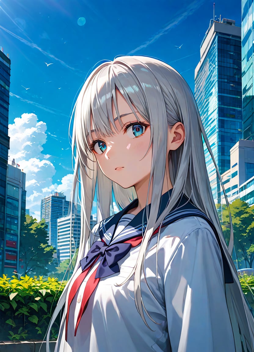 score_9, score_8_up, score_7_up , source_anime ,masterpiece, best quality, perfect anatomy , very aesthetic , official art,BRAKE1girl, solo, silver hair, very long hair, upper body,school uniform, outdoors, skyscraper,