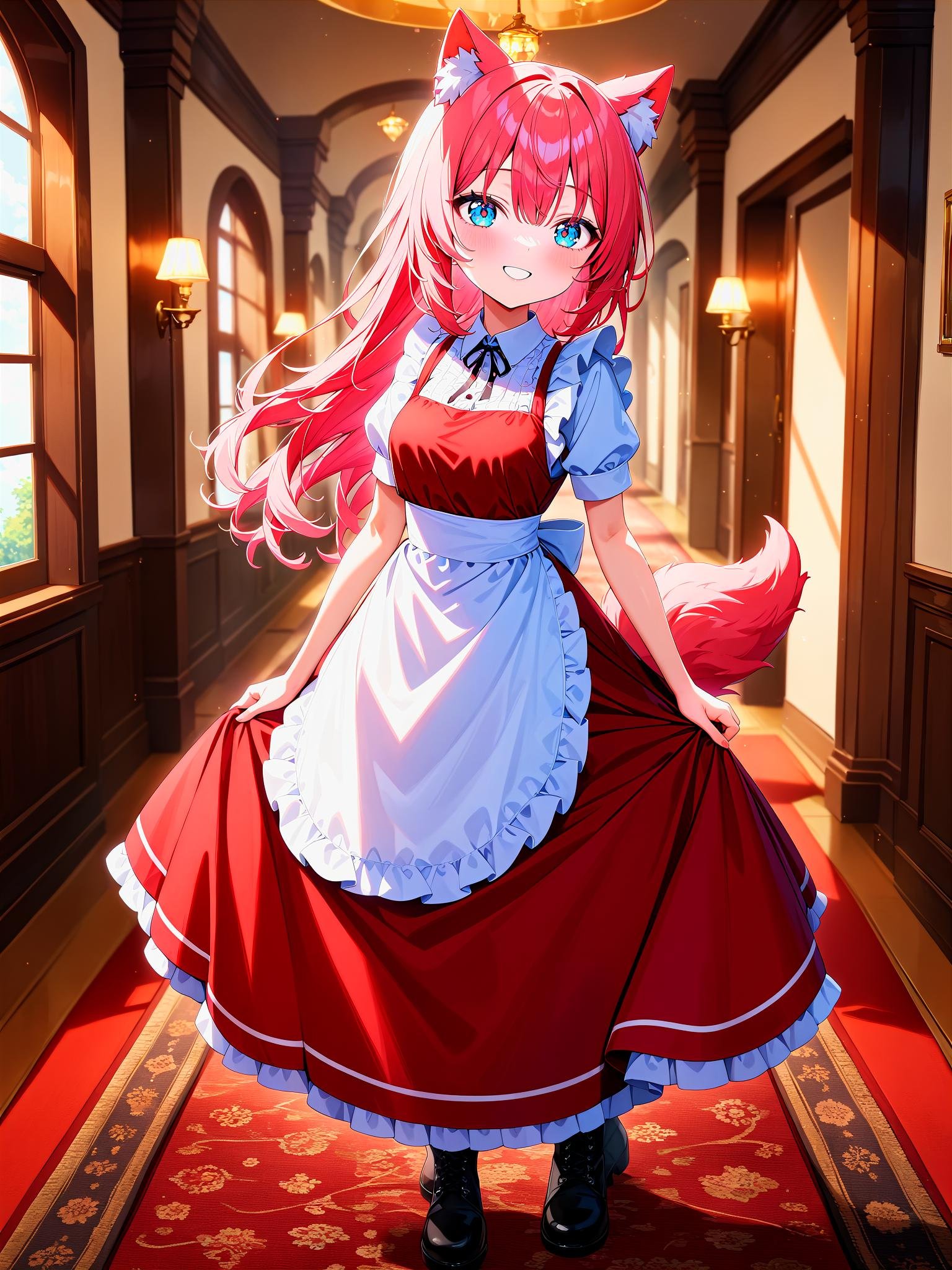 masterpiece, best quality, very aesthetic, absurdres, newest,1girl, cute girl, original,skinny, petite, blue eyes, pink hair, long hair, animal ear fluff,medium breasts,frilled shirt, red skirt, maid dress, medium  skirt, black boots, long boots, short sleeves, day, smile, wolf tail, turnaround, indoors, star \(symbol\), hallway, carpet, window, lamp,  <lora:FaceCheek_B_R_XL:1> <lora:FaceLight_B_R_XL:1>