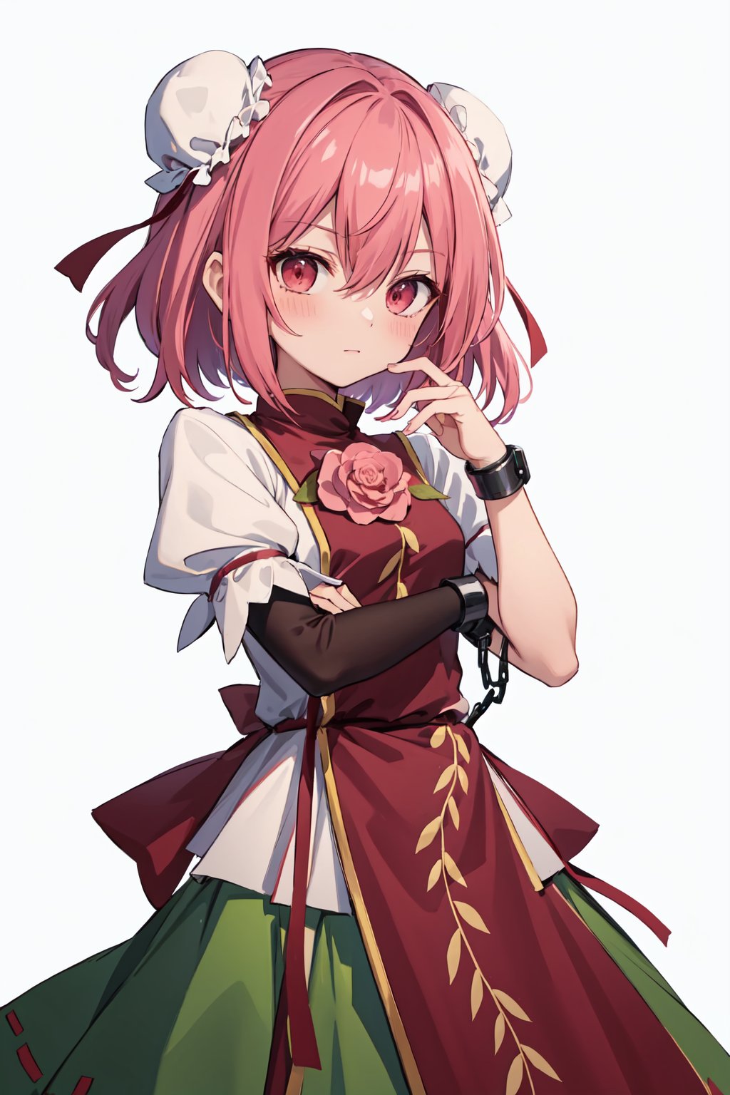 ibaraki_kasen,1girl,solo,double_bun,bun_cover,bandaged_arm,tabard,green_skirt,looking_at_viewer,shackles,puffy_short_sleeves,white_shirt,pink_rose,blush<lora:ibaraki_kasen:1>,simple background,white backgroundmasterpiece,best quality, highly detailed, 