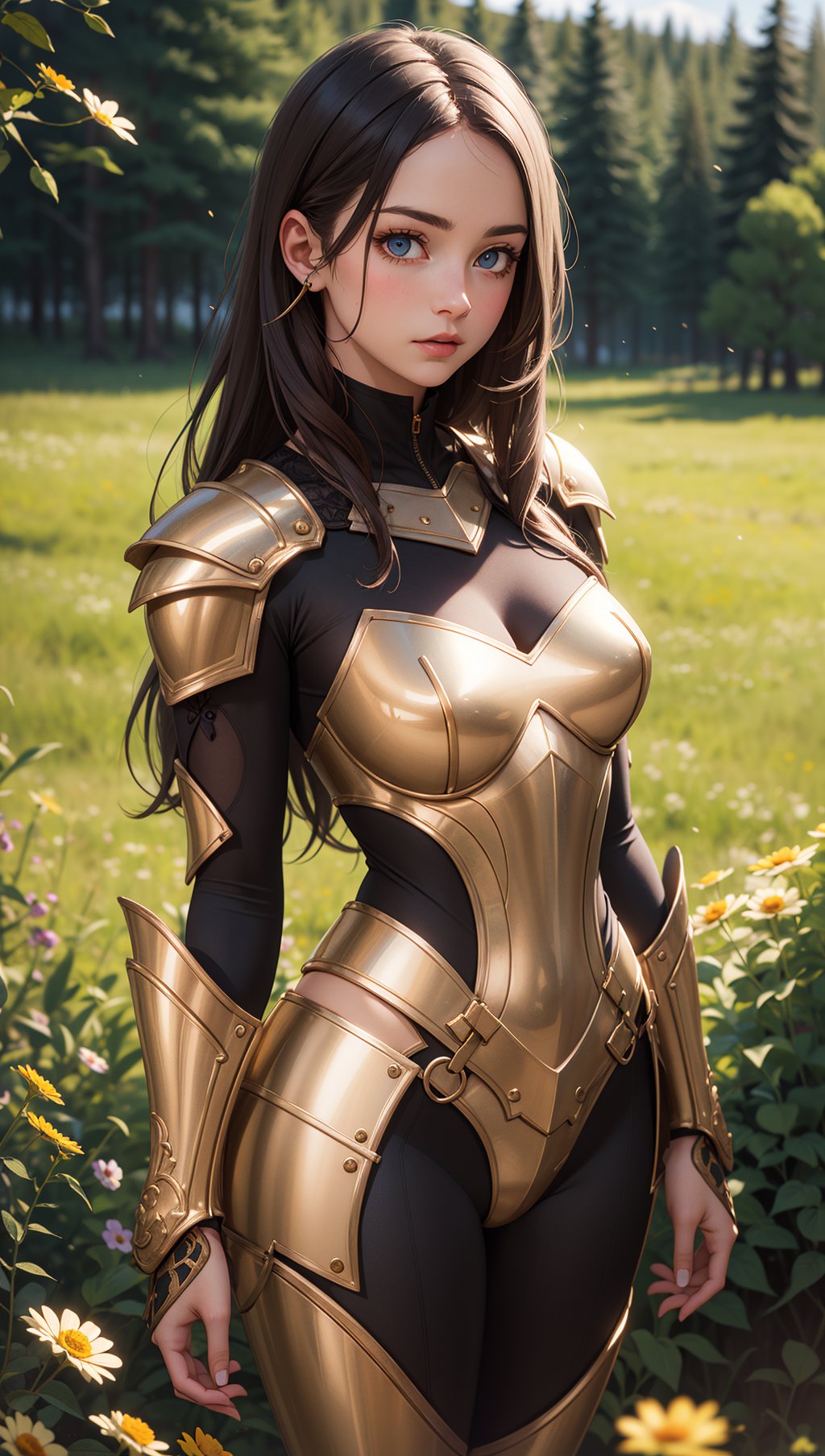 (masterpiece),(best quality),(extremely intricate),(sharp focus),(cinematic lighting),(extremely detailed),A young girl in armor,standing in a meadow of wildflowers. She has long brown hair adorned with wildflowers. Her expression is determined,and her eyes are shining with courage. The sun is shining brightly behind her,casting a golden glow over the scene.,flower4rmor,flower bodysuit,Flower,