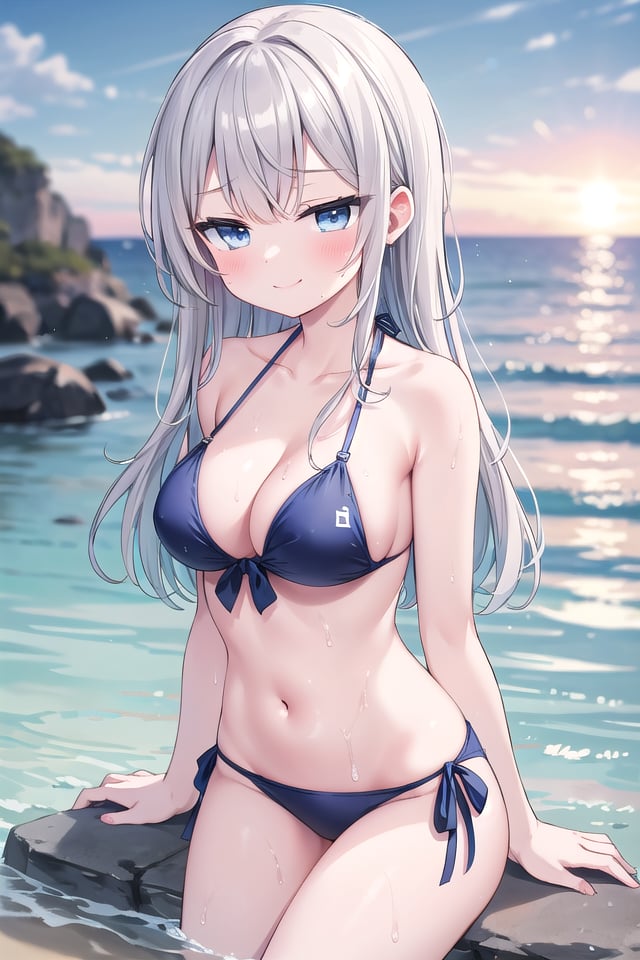 <lora:sensualface_type1_v3:1>insanely detailed, absurdres, ultra-highres, ultra-detailed, best quality,1girl, solo, nice hands, perfect handsBREAK(pastel colored bikini:1.3)BREAKhappy smile, laugh, closed mouth,sitting on beach, seductive pose, cowboy shotBREAKslender, kawaii, perfect symmetrical face, ultra cute girl, ultra cute face, ultra detailed eyes, ultra detailed hair, ultra cute, ultra beautifulBREAKDimly lit morning sea Capture the mysterious beauty of the ocean as it slowly awakens under the faint light of dawn, depth of field, ultra detailed backgroundBREAKlarge breasts, cleavage, extremely detailed navel, (wet skin:1.2), (shiny skin:1.3)BREAKgrey hair, blue eyes, medium long hair,