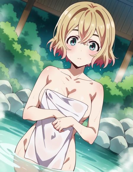 score_9, score_8_up, score_7_up, source_anime,maminanami, <lora:mami-nanami-s1-ponyxl-lora-nochekaiser:1>mami nanami, short hair, aqua eyes, blonde hair, hair between eyes,nude, naked, outdoors, onsen, towel, naked towel, steam, bathing, nude cover, partially submerged, water, bath, steam censor, wet towel,looking at viewer, dutch angle, cowboy shot