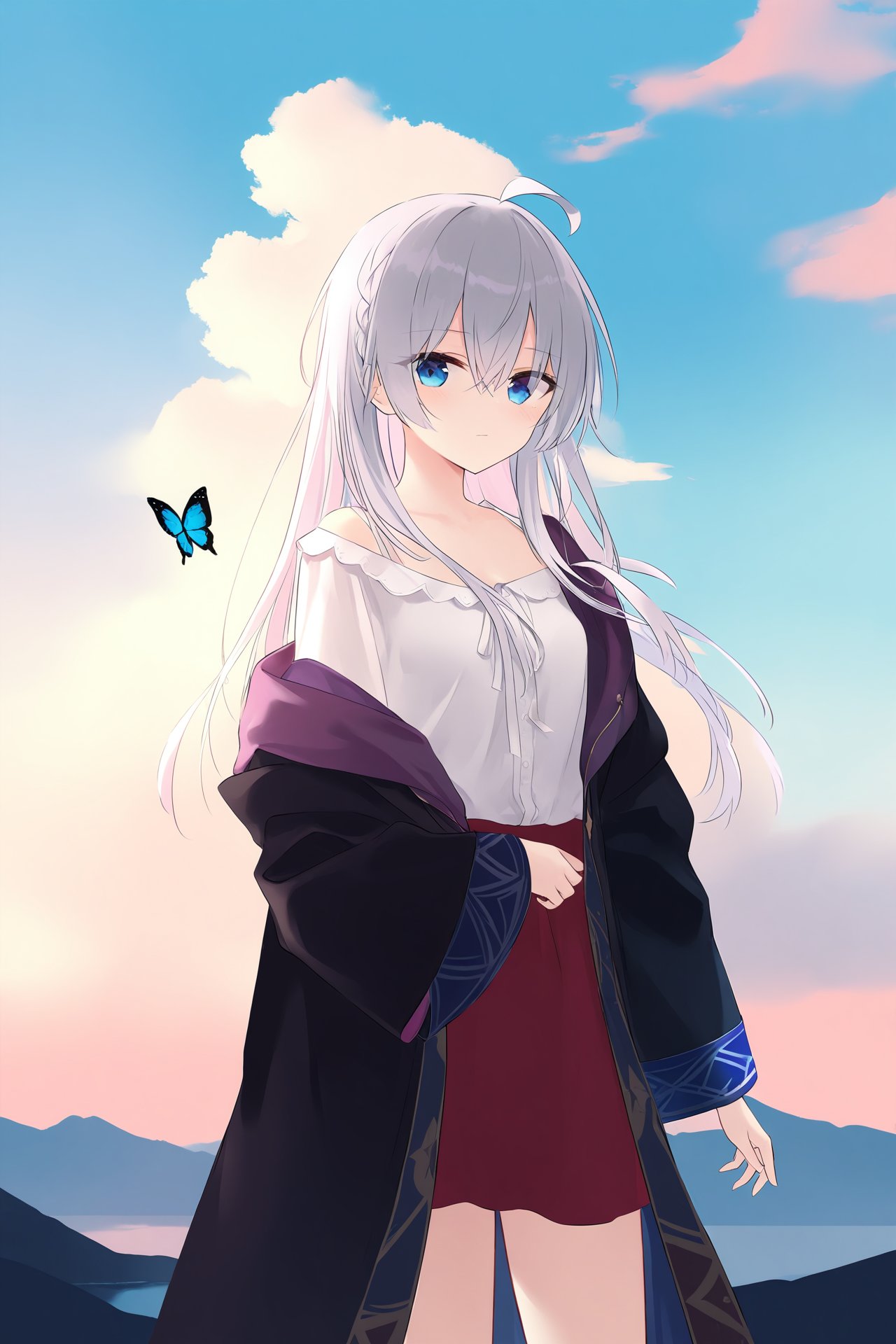 masterpiece,best quality,illustration,ultra detailed,hdr,Depth of field,(colorful),Artist azuuru,[[[Artist wlop]]],[Artist chen bin],[Artist omone hokoma agm],elaina \(majo no tabitabi\),solo,1girl,ahoge,outdoors,long hair,sky,cloud,hair between eyes,long sleeves,looking at viewer,butterfly,shirt,grey hair,black robe,bug,standing,dress,robe,off shoulder,open clothes,blue eyes,day,closed mouth,blue sky,