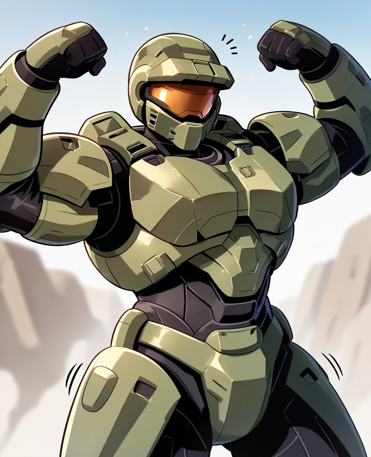 score_9, score_8_up, score_7_up, score_6_up, score_5_up, score_4_up, source_anime, bnp, boxg, spartan \(halo\), male, 1boy, master chief, solo, helmet, faceless, armor, gloves, power armor, science fiction, crotch plate, breastplate, large breasts, simple background, outside, battlefield, war, battle, fight, flexing, flexing bicep, green armor, standing, looking at viewer, three-quarter portrait, motion lines, emanata,  <lora:spartan_pdxl:1>