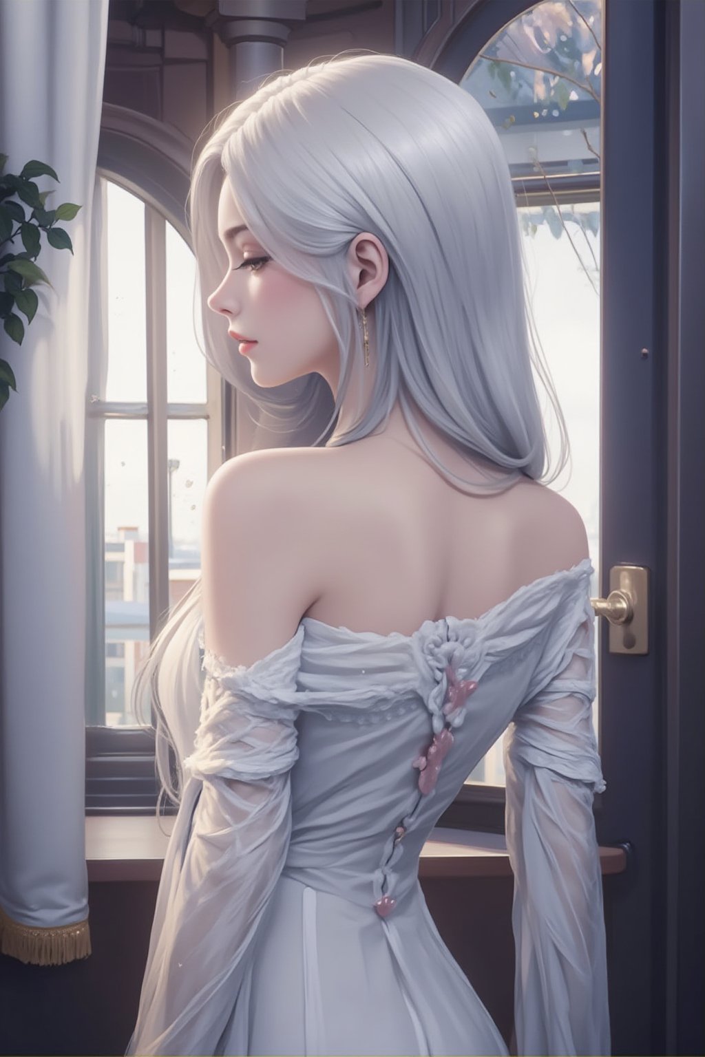 1girl,solo,closed eyes,window,dress,bare shoulders,curtains,white dress,upper body,indoors,back,white hair,breasts,long hair,closed mouth,jewelry,profile,