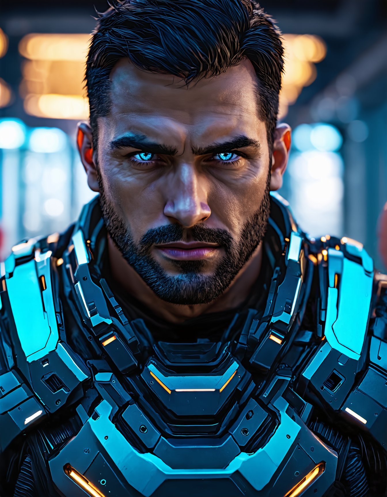 (best quality, 4K, 8K, high-resolution, masterpiece), ultra-detailed, realistic, photorealistic, looking at viewer, blue eyes, man, upper body, blurry, armor, glowing, glowing eyes, power armor