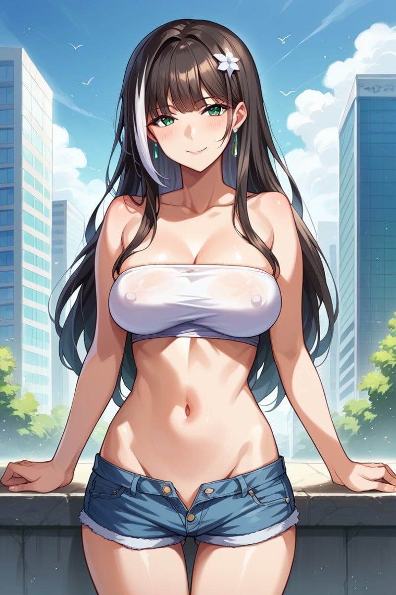 score_9, score_8_up, score_7_up, score_6_up, score_5_up, score_4_up, rating_questionable, , source_anime, digital illustration, pixiv, fanbox, uncensored, , BREAK, official art,1girl, solo, mature female, baizhi, long hair, green eyes, black hair, white streaks, hair ornament, tube top, erect nipples, navel, groin, shorts, city, buildings,, light smile, outdoors, cowboy shot , looking at viewer, colorful, vivid,,  <lora:Baizhi_Pony-10:0.9>