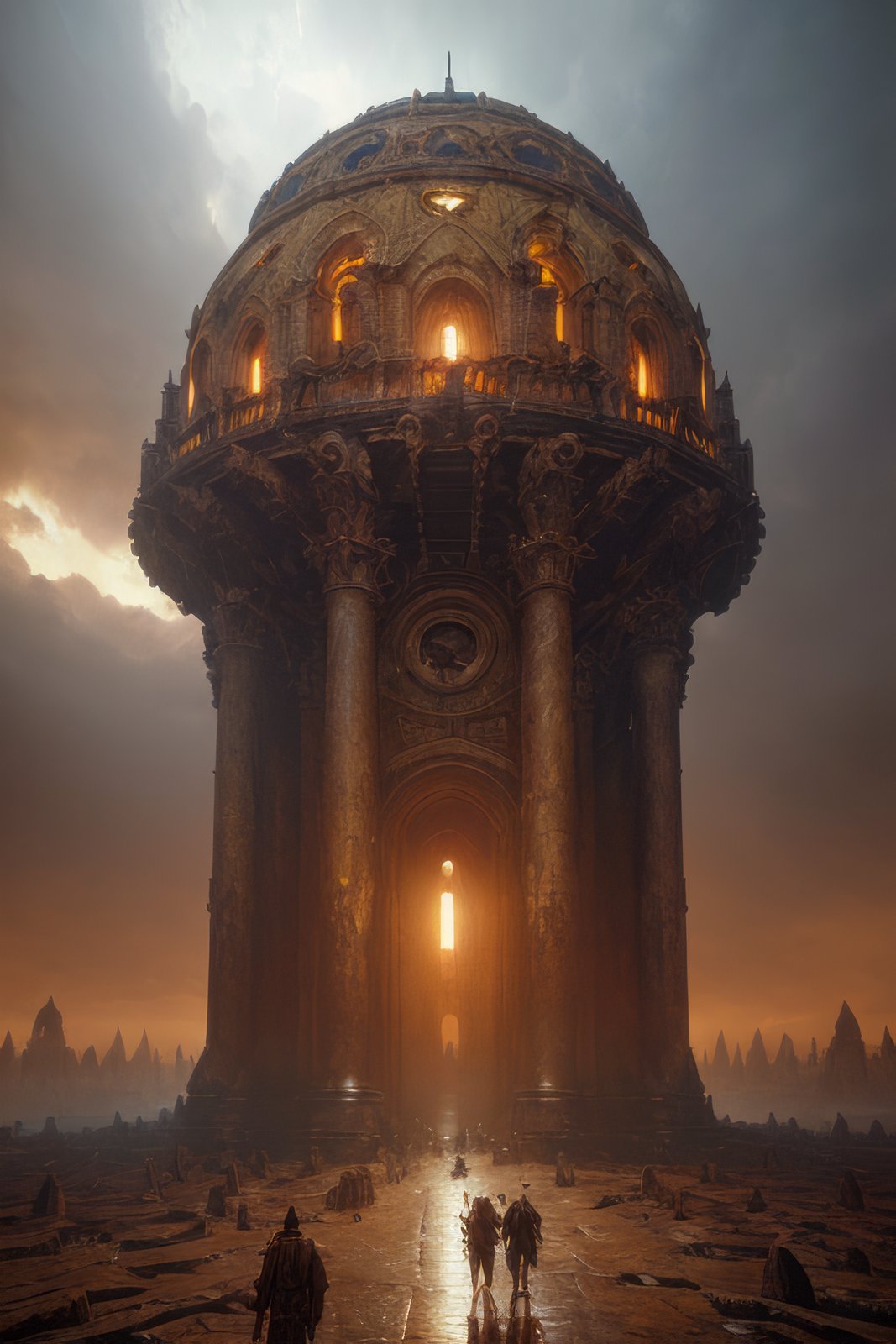 (masterpiece), ancient dark dungeon, (vast decrepit scenery), megastructure, (art by [Bastien Lecouffe-Deharme|Caspar David Friedrich]:1.2), (unreal engine render, photorealistic painting, photorealism:1.2), (mysterious)