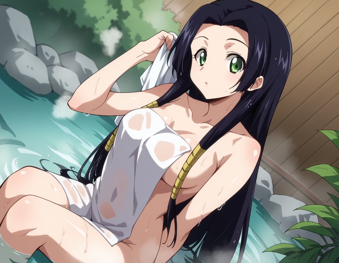 score_9, score_8_up, score_7_up, source_anime,kaguyasumeragi, <lora:kaguya-sumeragi-s1-ponyxl-lora-nochekaiser:1>,kaguya sumeragi, long hair, black hair, green eyes, very long hair, sidelocks, hair tubes,nude, naked, outdoors, onsen, towel, naked towel, steam, bathing, nude cover, partially submerged, water, bath, steam censor, wet towel,looking at viewer, cowboy shot, dutch angle,