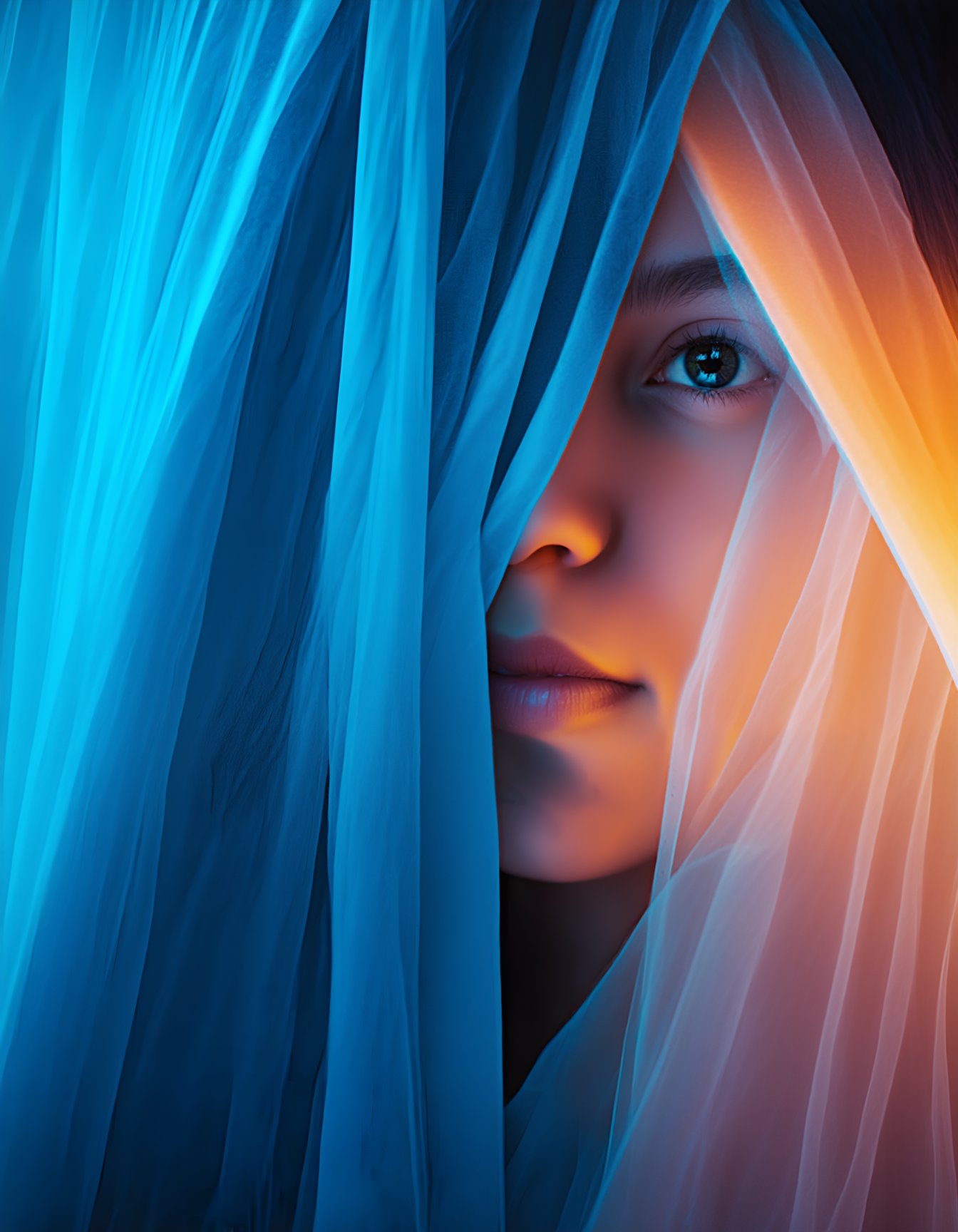 (best quality, 4K, 8K, high-resolution, masterpiece), ultra-detailed, photorealistic, close-up portrait of a woman's face, partially covered with translucent fabric, blue and orange fabric hues, fabric drapes around her, mysterious and ethereal atmosphere, lighting accentuates facial contours, mix of cool blue and warm orange tones, expressive eyes. ,