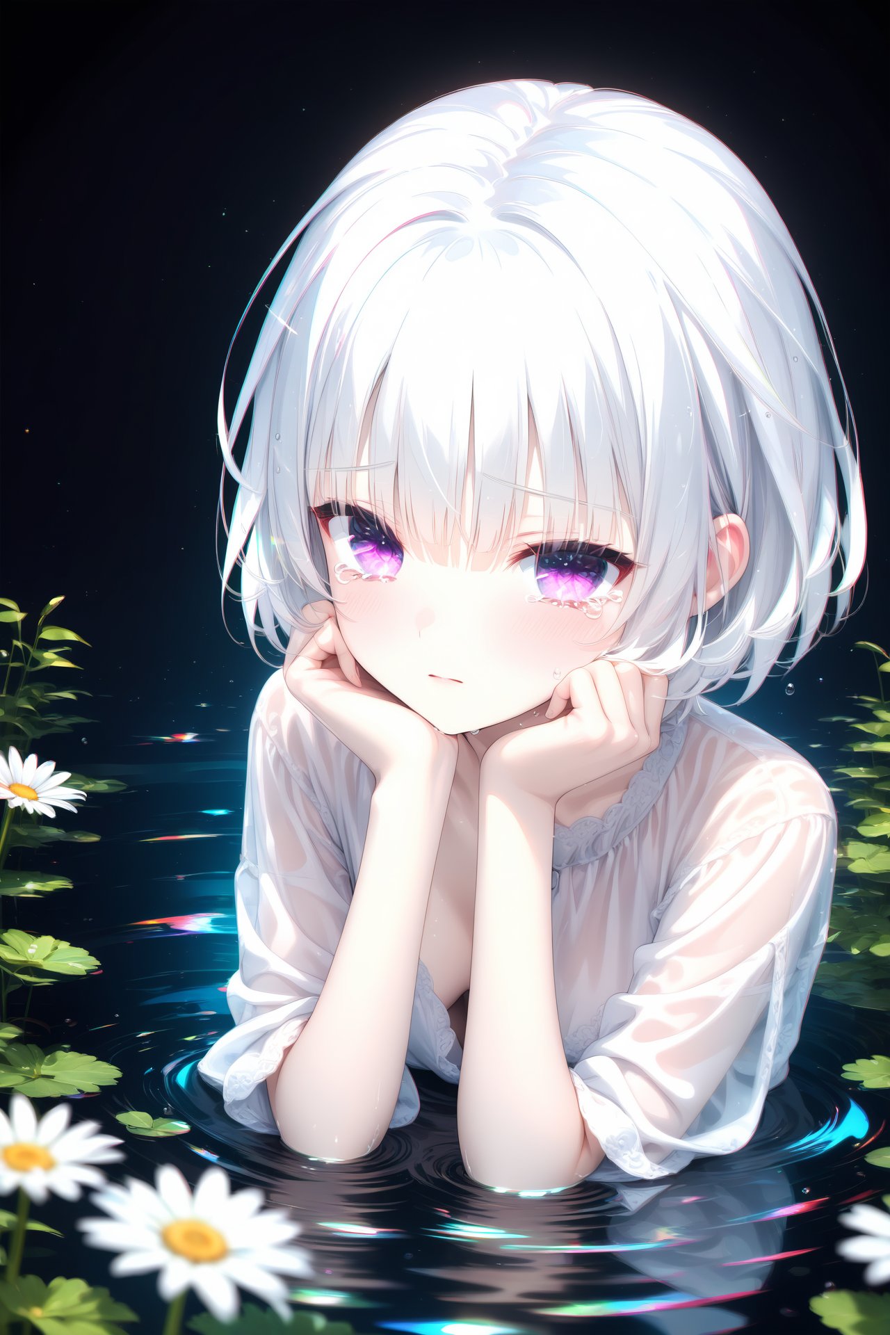 (masterpiece),(best quality),illustration,ultra detailed,hdr,Depth of field,(colorful),(chromatic aberration),(beautiful young female:1.4),(streaming tears),sad,(daisy),(daisy),(daisy),looking at viewer,partially submerged,both hands on own cheek,{see-through long shirt},{no bra},(white hair, short hair, bangs:1.2),(glowing eyes),ripples,dark water,black background,(prismatic),