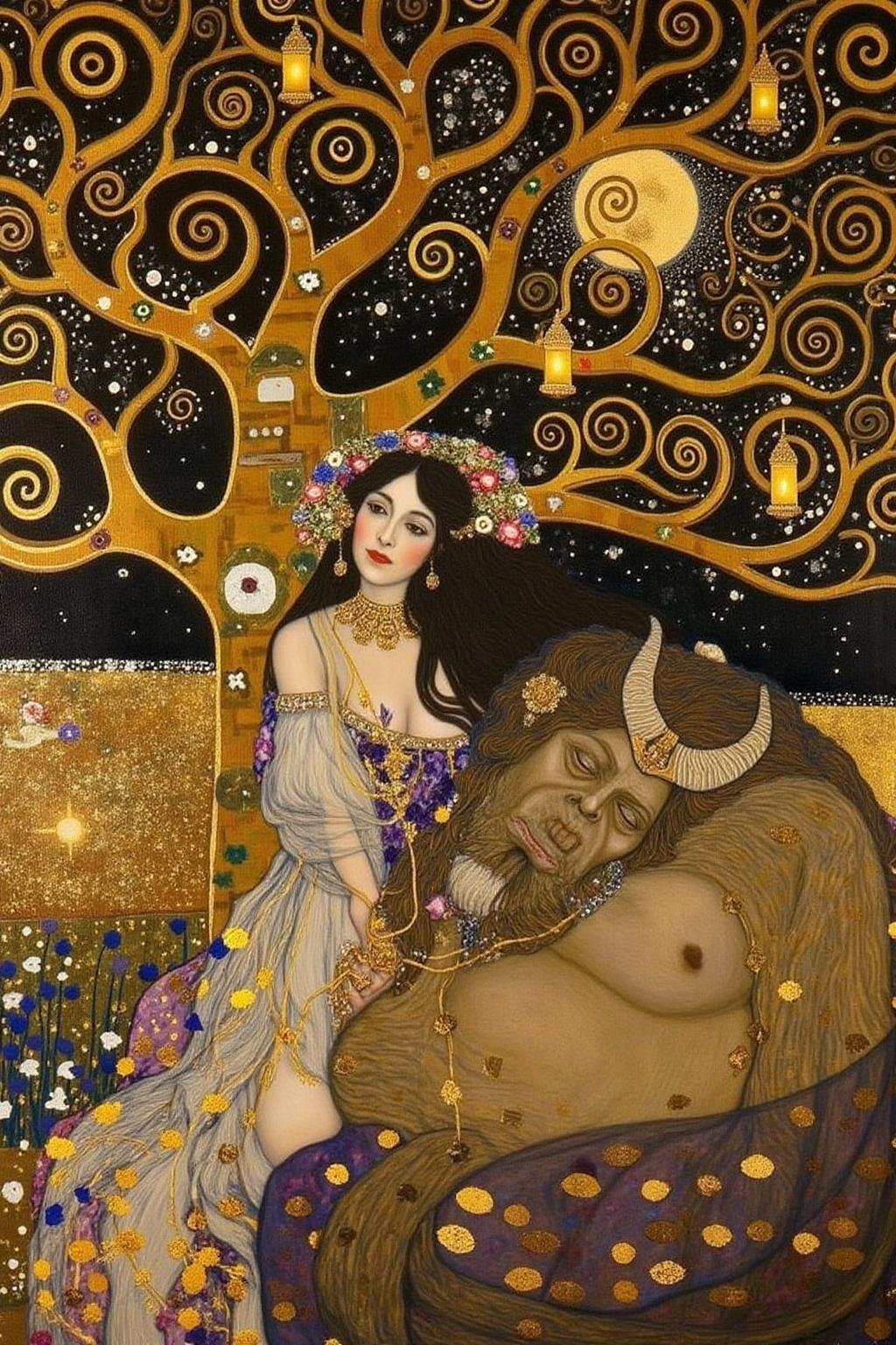 kl1mt painting. a scene from Arabian Nights,  rendered in intricate,  colorful detail. A beautiful woman and a sleeping de...