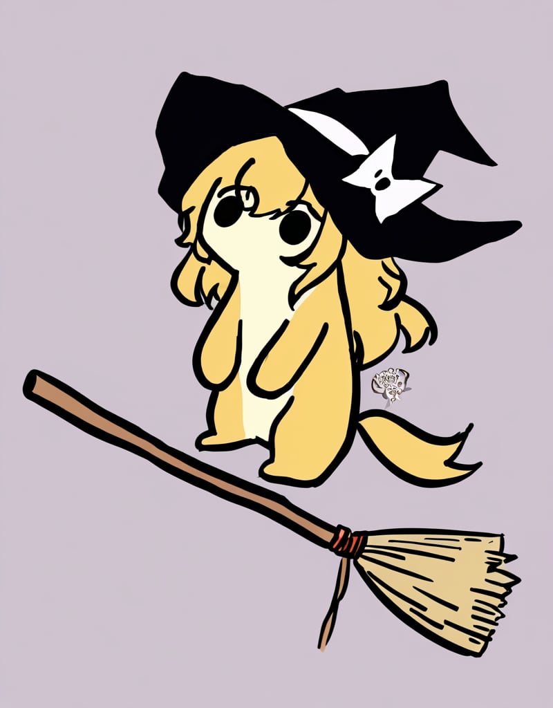 score_9_up,<lora:ponntaitachi-pony:1>,chibi,no humans,kirisame marisa, witch hat, blonde hair, broom riding, simple background,