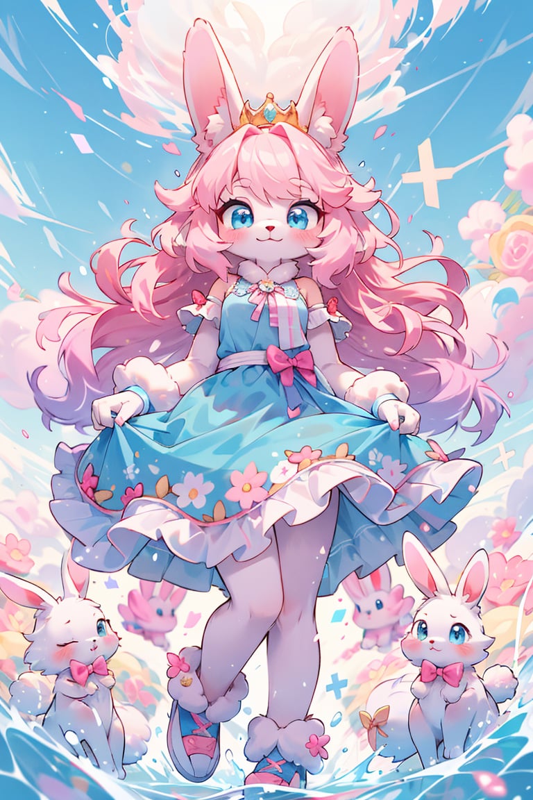 (best fluffy hands:0.7),From front, full body,best quality,( masterpiece,ultra detailed 8k art),Fluffy body,Fluffy,(anthro),focus furry rabbit 1 girl, (Close up 1 girl:0.7),smile,pink rabbit ears,blue eyes, princess, sky blue dress, pink to magenta gradation curly long hair