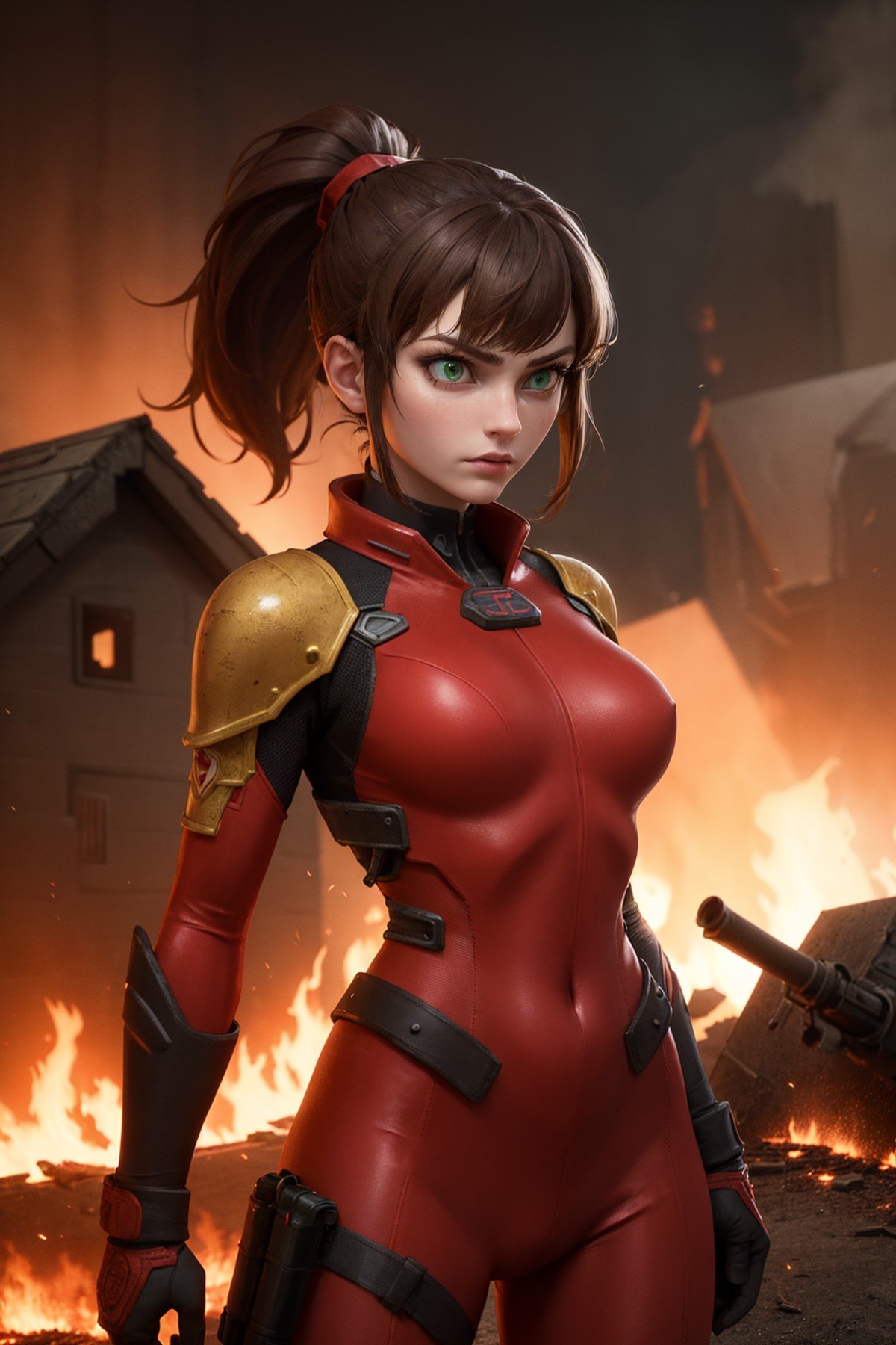 (masterpiece, best quality:1.2), highly detailed, unreal engine render, intricate, ultra hd, 1girl, solo, (in detailed battlefield:1.2), burning house behind, embers, brown hair, green eyes, long hair, ponytail, armor, plugsuit, red suit, dynamic pose, fighting,