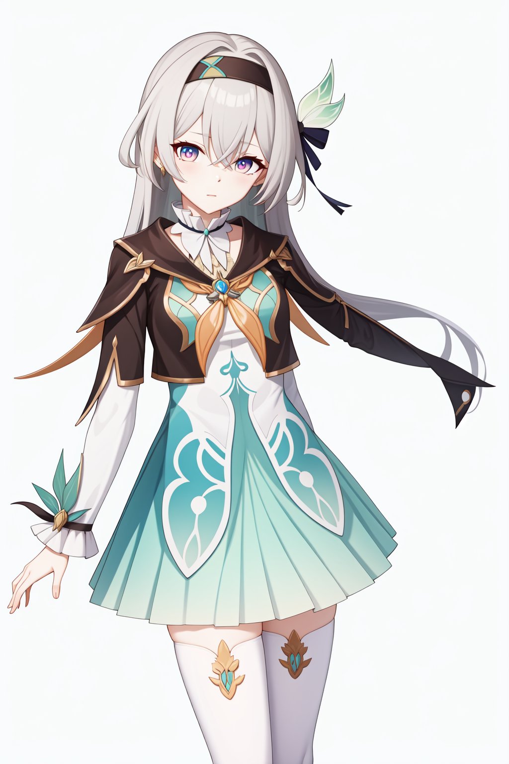 <lora:流萤v34.0:0.8:lbw=char>,liuying,grey hair,long sleeves,hair ornament,black jacket,high quality,green dress,thighhighs,, (masterpiece,best quality:1.2),absurdres, high quality,