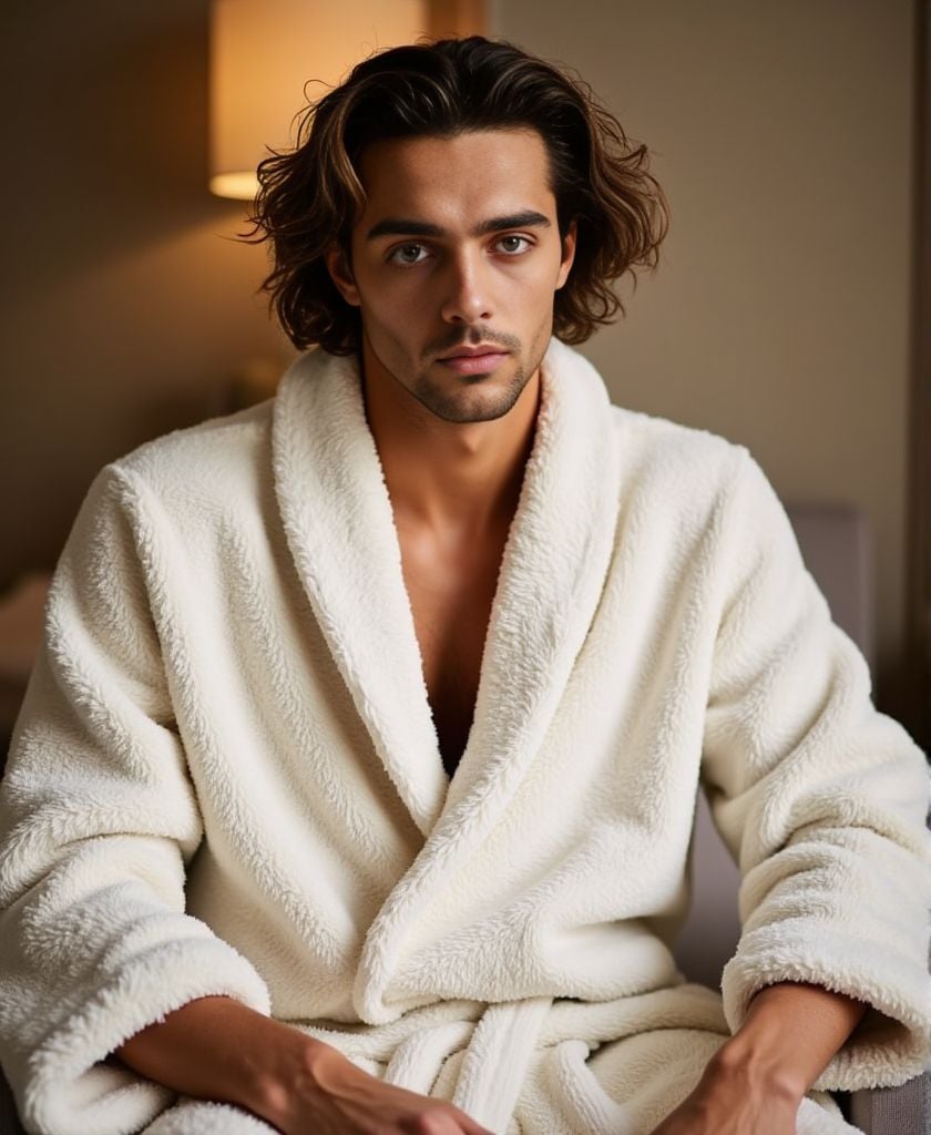 Thomas Ceccon ,  high-resolution photograph,  wearing fitted fluffy white bathrobe. He is sitting on a chair in the spa ar...