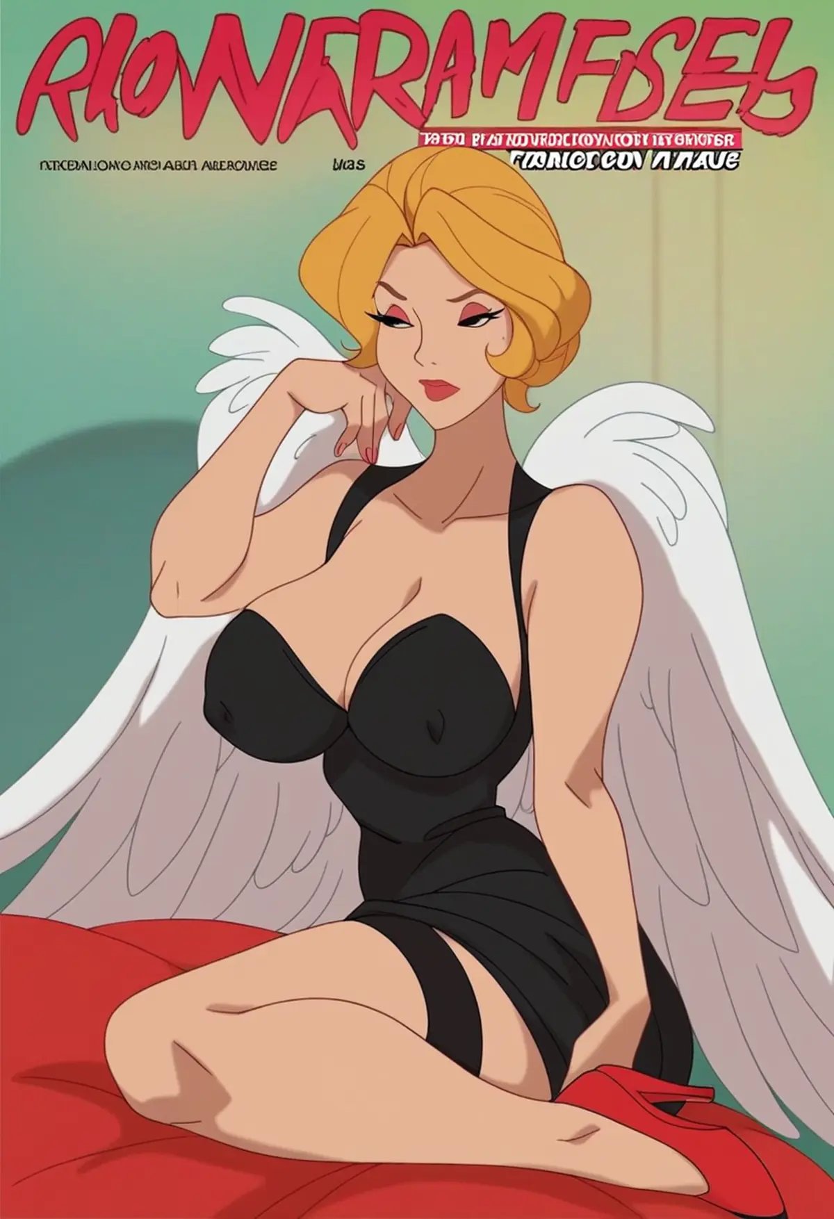 score_9, score_8_up, score_7_up,  1girl, feathered angel wings magazine cover, posing, perfect curves, short hair, blonde hair, linea alba, large teardrop breasts, jewelries, thigh straps, legs, (black dress:1.1), hips, (red:0.9), high heels <lora:t00nstylev1PonySDXL:1> t00nstyl3