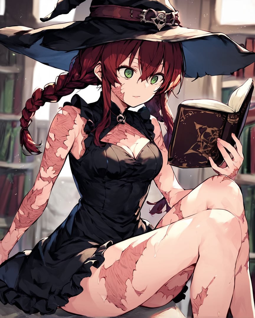 1girl, red hair, braided twintails, hair between eyes, green eyes, burn scar, burn scar on face, multiple burn scars, burn scars on body, burn scar on arm, burn scar on chest, burn scar on leg, witch hat, black dress, cleavage cutout, sleeveless dress, frilled miniskirt, red frills, red accents, reading, in library, antique bookshelf, <lora:Burn Scar Lora_epoch_9:1>,, , score_9, score_8_up, score_7_up, score_6_up, score_5_up, score_4_up,