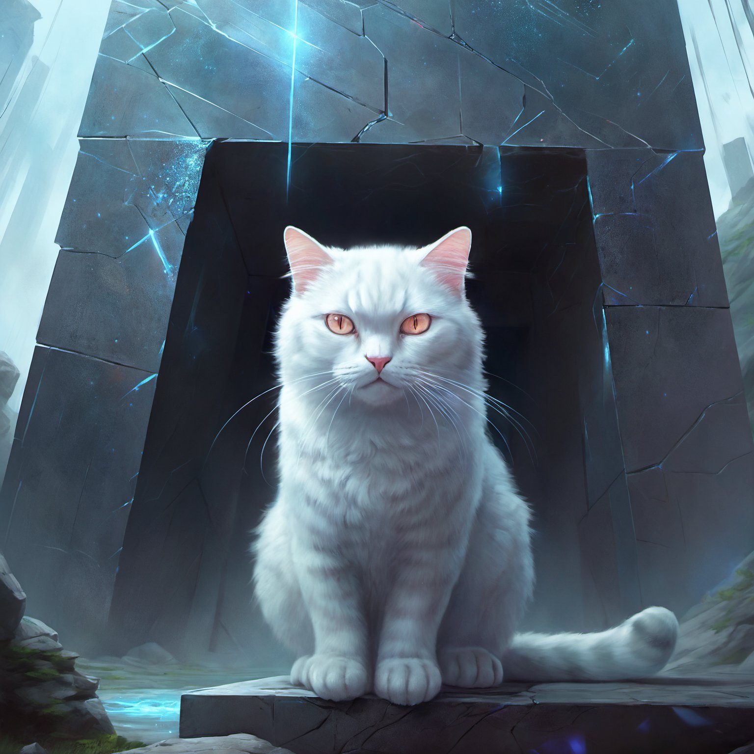 (digital art by Yanjun Cheng:1.1) , portrait art, hyper detailed, Heavenly cat, inside a Monolith, shallow depth of field, Flustered