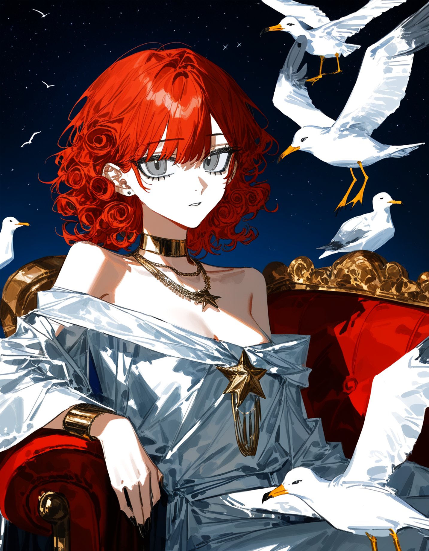 (dino \(dinoartforame\), cogecha:0.7), (quasarcake, 3j dangan,:1.1), 1girl, solo, breasts, looking at viewer, cleavage, jewelry, upper body, red hair, parted lips, sky, choker, medium hair, necklace, grey eyes, night, bird, star \(sky\), night sky, starry sky, curly hair, seagull, toga, luxurious armchair, gold