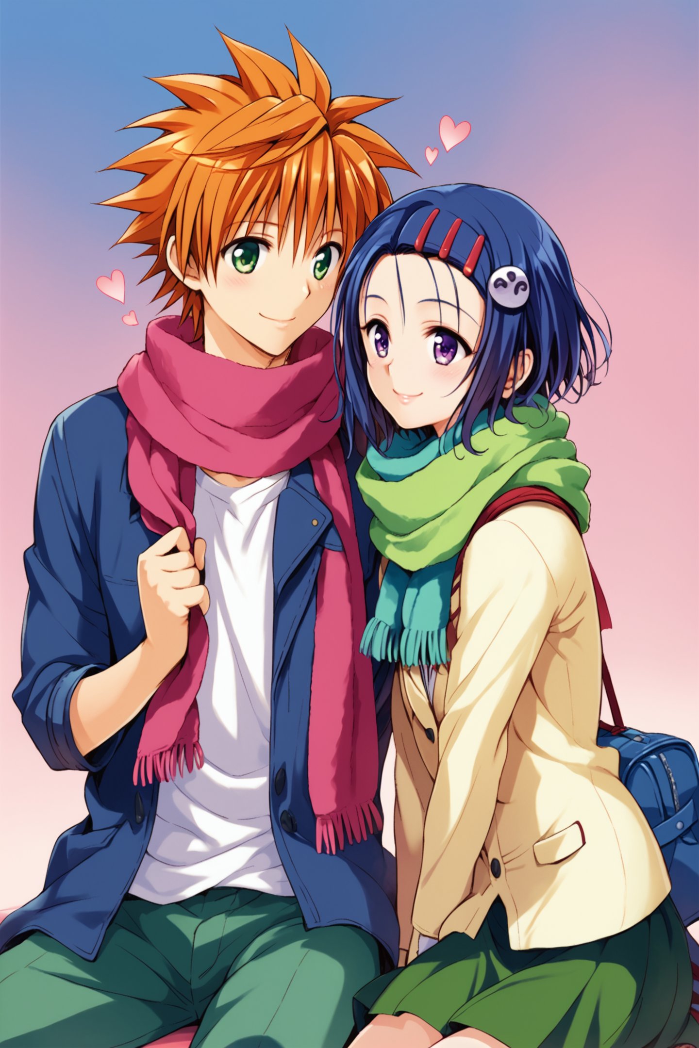 1girl,haruna sairenji,bow,green skirt,hair ornament,purple eyes,blue hair,scarf,shared scarf,1boy,yuuki rito,shirt,orange hair,green eyes,shared clothes,couple,hetero,heart,smile,bag,short hair,sitting,score_9,score_8_up,<lora:Yabuki Kentarou_XL_PONY_V2:0.9>,