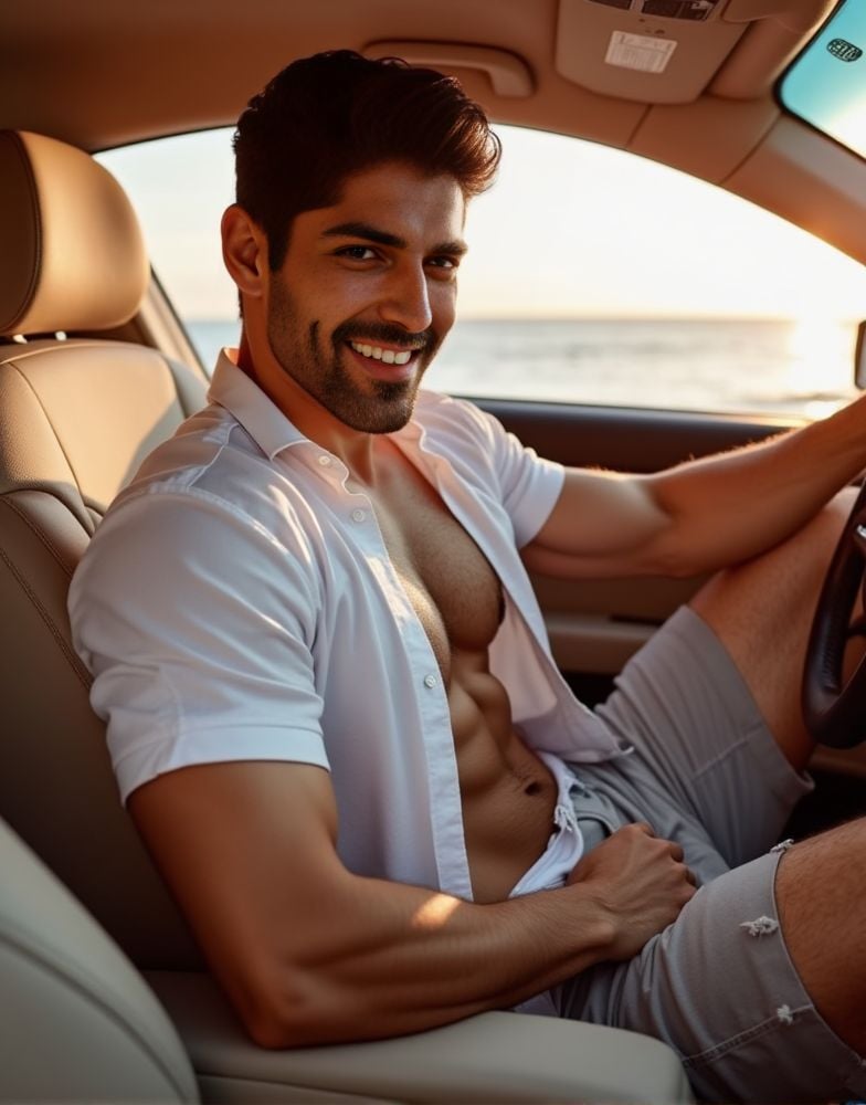 Smaran Sahu ,  male focus. shirtless smiling. editorial. empathetic eyes. sitting in the passenger seat of a car. natural...