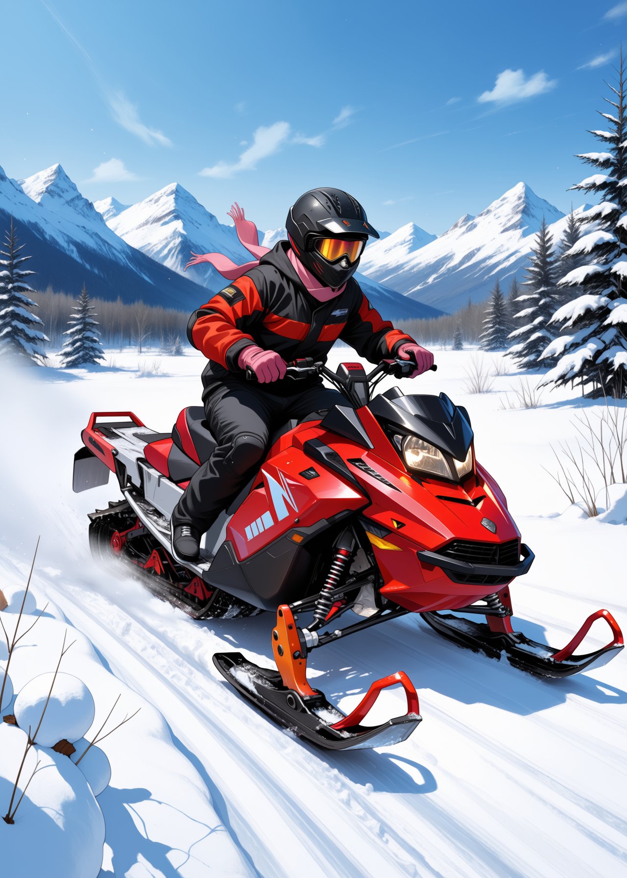 masterpiece,  best quality,  a thief making a swift escape on a snowmobile through the snow-land by ふぃあ TKTD on Tensor.Art