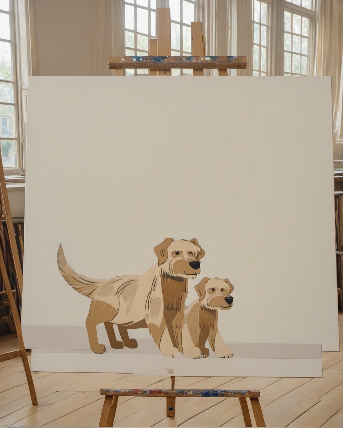 <lora:KWAST_LR1:0.2>Generate a photorealistic image of a painting on an easel . The painting features( Kwast dog paint:1.3)  in a minimalist, brushstroke style, capturing the dog in a seated pose. (The dog should have neutral( beige and light brown tones:1.1), (with beige fur (RGB 227, 207, 182), light brown accents (RGB 201, 164, 119), and pale beige highlights (RGB 226, 206, 181):1.2):1.4). The dog is the main focus of the artwork, with soft lighting emphasizing the canvas. The studio should still be visible in the background, with wooden floors, large windows, scattered art supplies, and warm natural light pouring in, but the attention remains on the dog painting<lora:KWAST_LR1-000003:0.5> <lora:KWAST_LR1-000002:0.3>