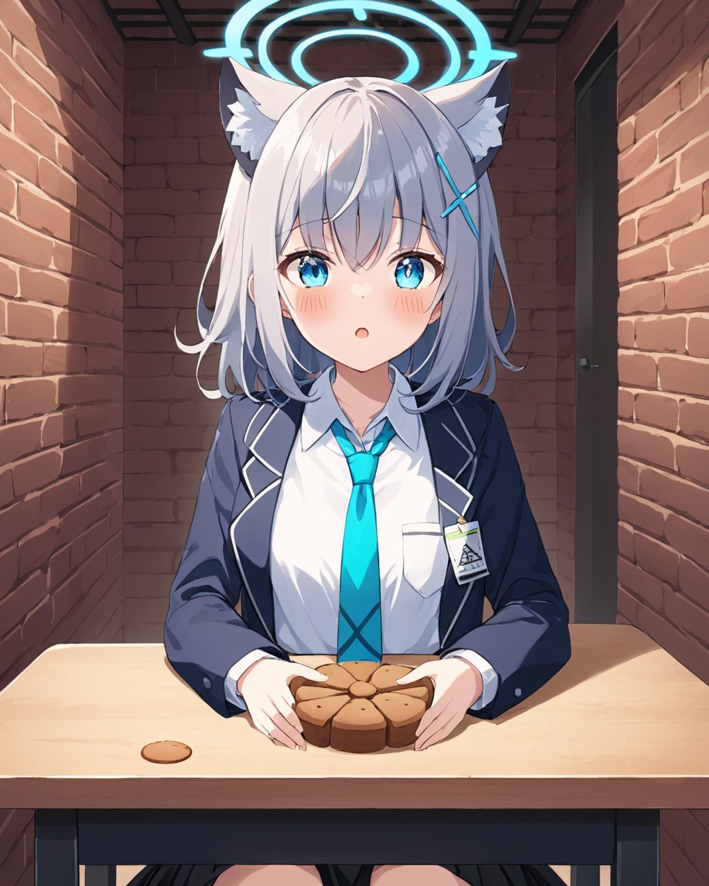 shiroko_\(blue_archive\),1girl, solo, looking_at_viewer, animal_ear_fluff, white_shirt, sitting, halo, cookie, long_sleeves, blush, pleated_skirt, hair_ornament, school_uniform, holding, collared_shirt, table, open_mouth, brick_wall, black_skirt, aqua_necktie<lora:shiroko_(blue_archive)_image1930_2023-11-18_spv-000030:1>. gorgeous,key visual, vibrant, studio anime,award-winning, professional, highly detailed,high budget, cinemascope