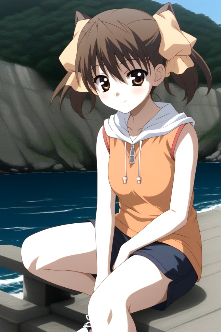 HD, 8k, highres, mantialiasing, Highly detailed, High Quality, masterpiece, beautiful, source_anime, BREAK sea lighthouse, stones near the coast,BREAK 1girl, solo, (feminine focus, young woman, 16 years old), Karen Katou, short hair, brown hair, brown eyes, ribbon, twintails, hair ribbon,BREAK white hood, Orange hoodie, sleeveless, short sneakers,BREAK looking_at_viewer, front-view, leaning_forward<lora:EMS-454882-EMS:1.000000>